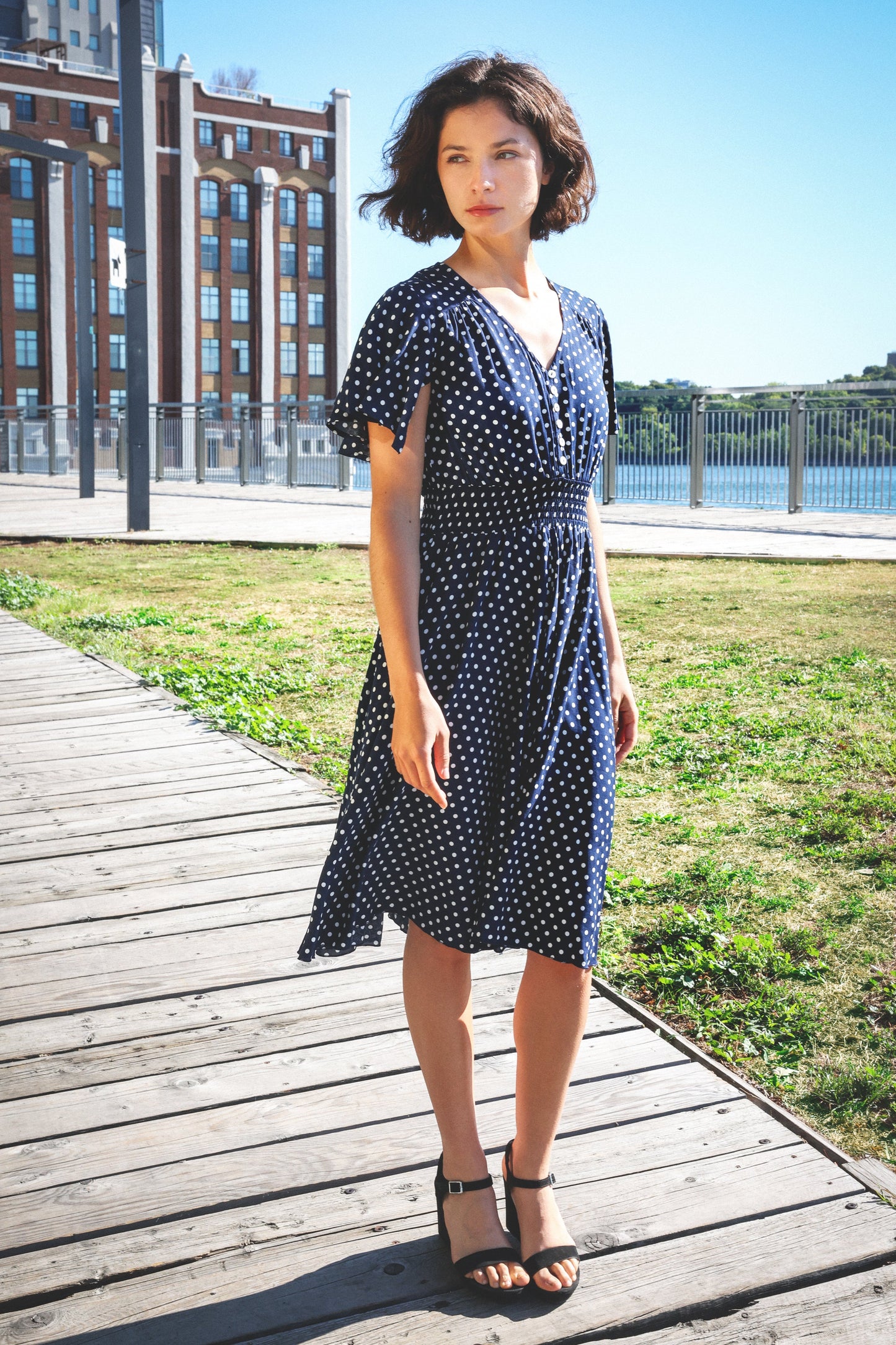 Antoinette Polka Dots Short Dress Smocked Waist Pockets