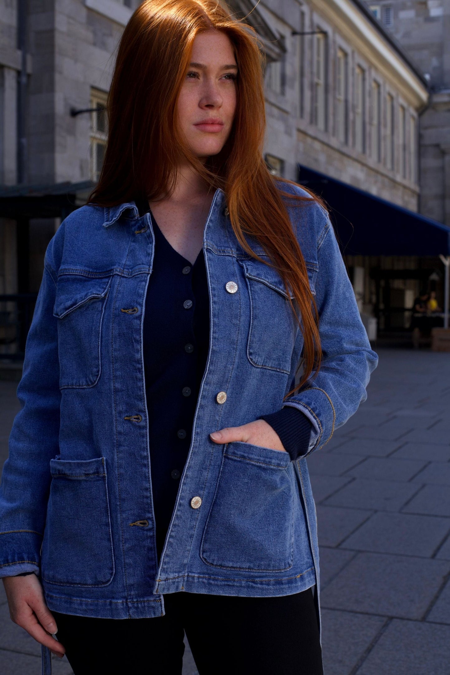 Sabrina Veste Jean Bleu Jacquard Ceinturée Pour Femme
