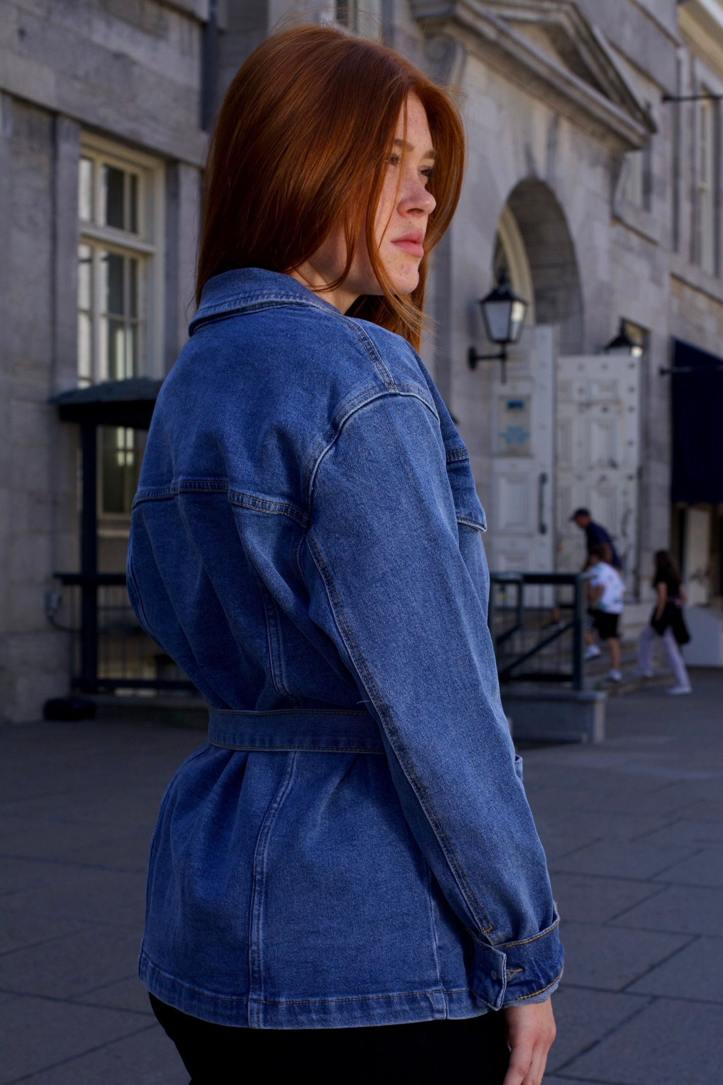 Sabrina Veste Jean Bleu Jacquard Ceinturée Pour Femme