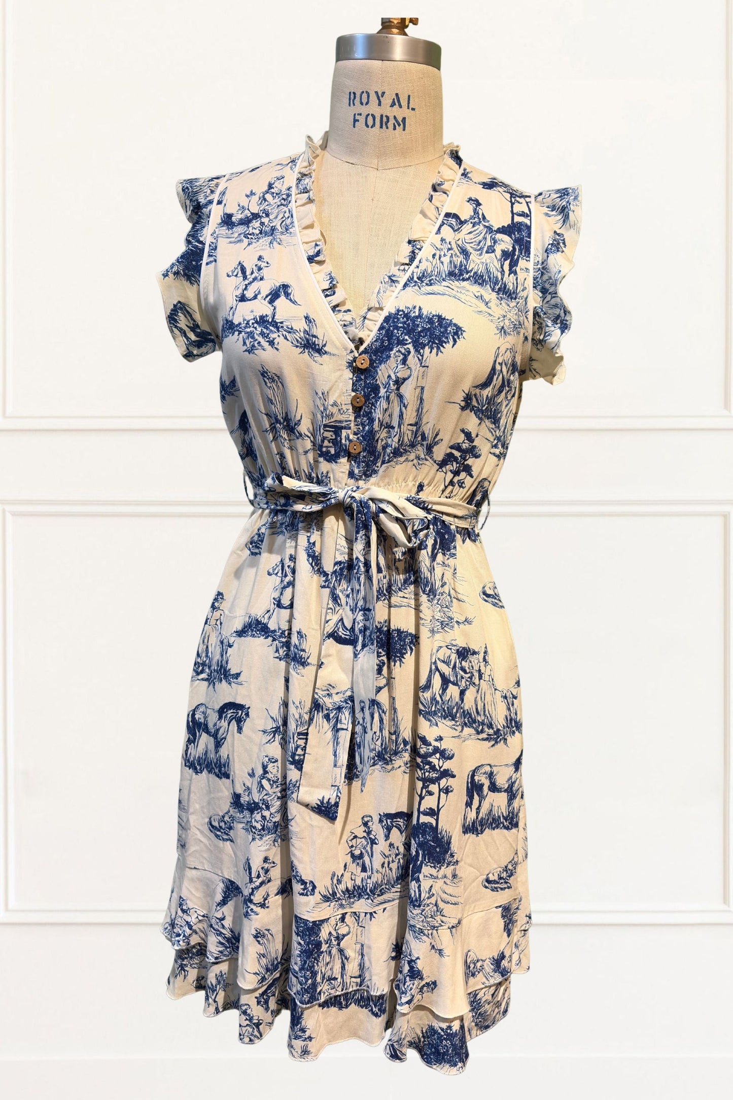 Natasha Toile De Jouy Print Short Dress Self Belt Pockets Ruffle Trim