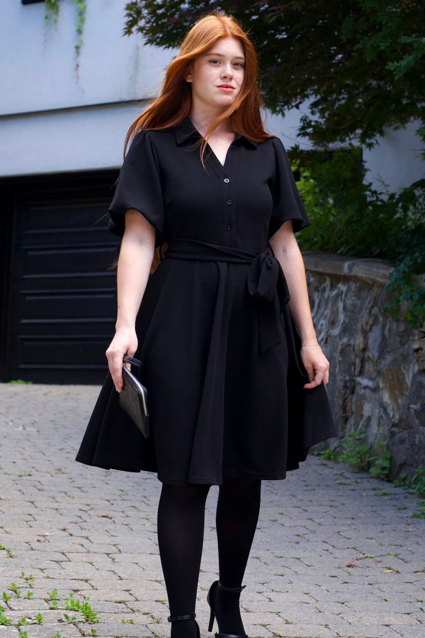 Coralie Women's Fit-and-Flare Shirt Dress Tie Waist Bell Sleeves