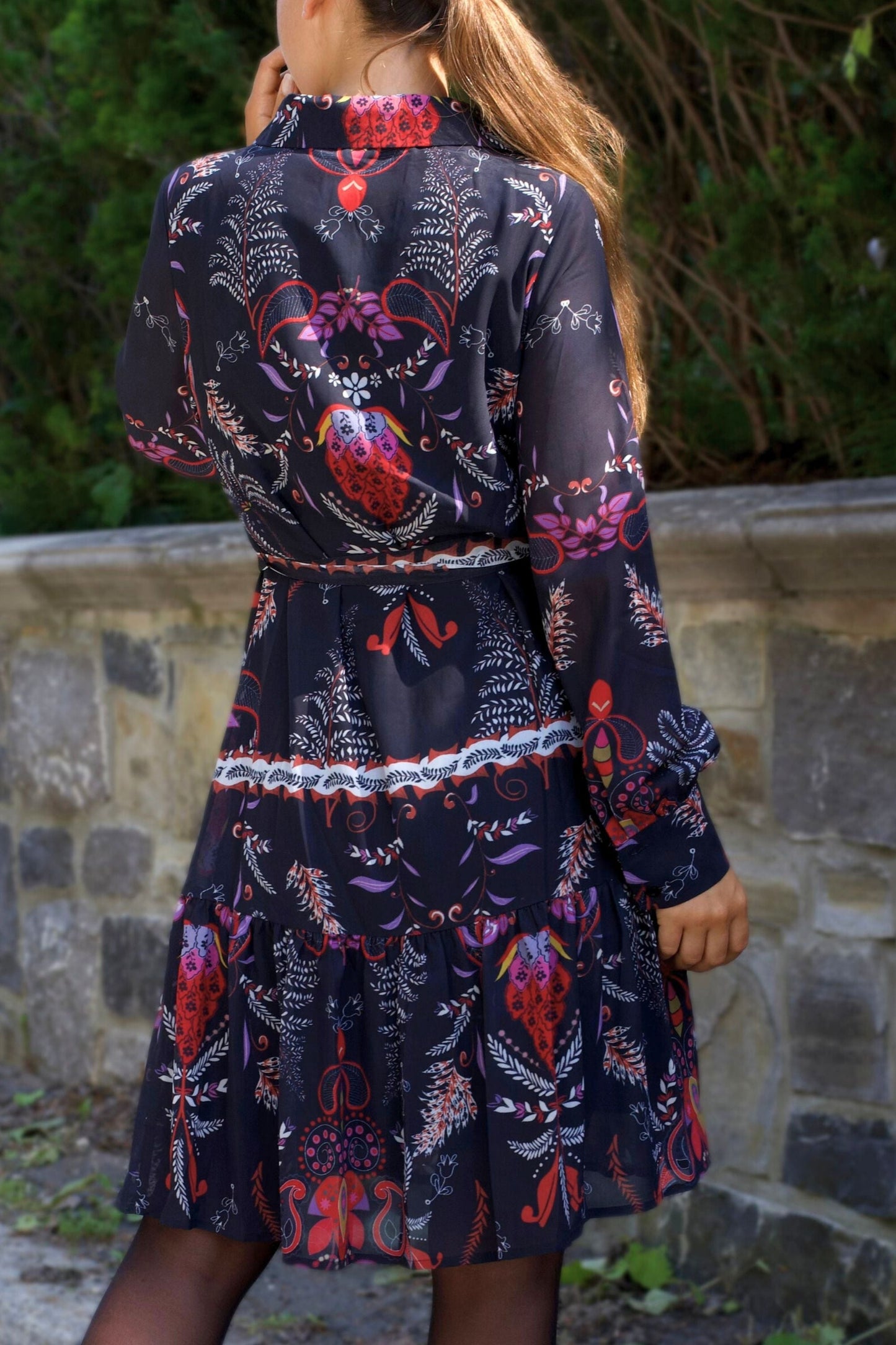 Etna Women's Boho Print Black Shirt Dress Waist Tie Button Front