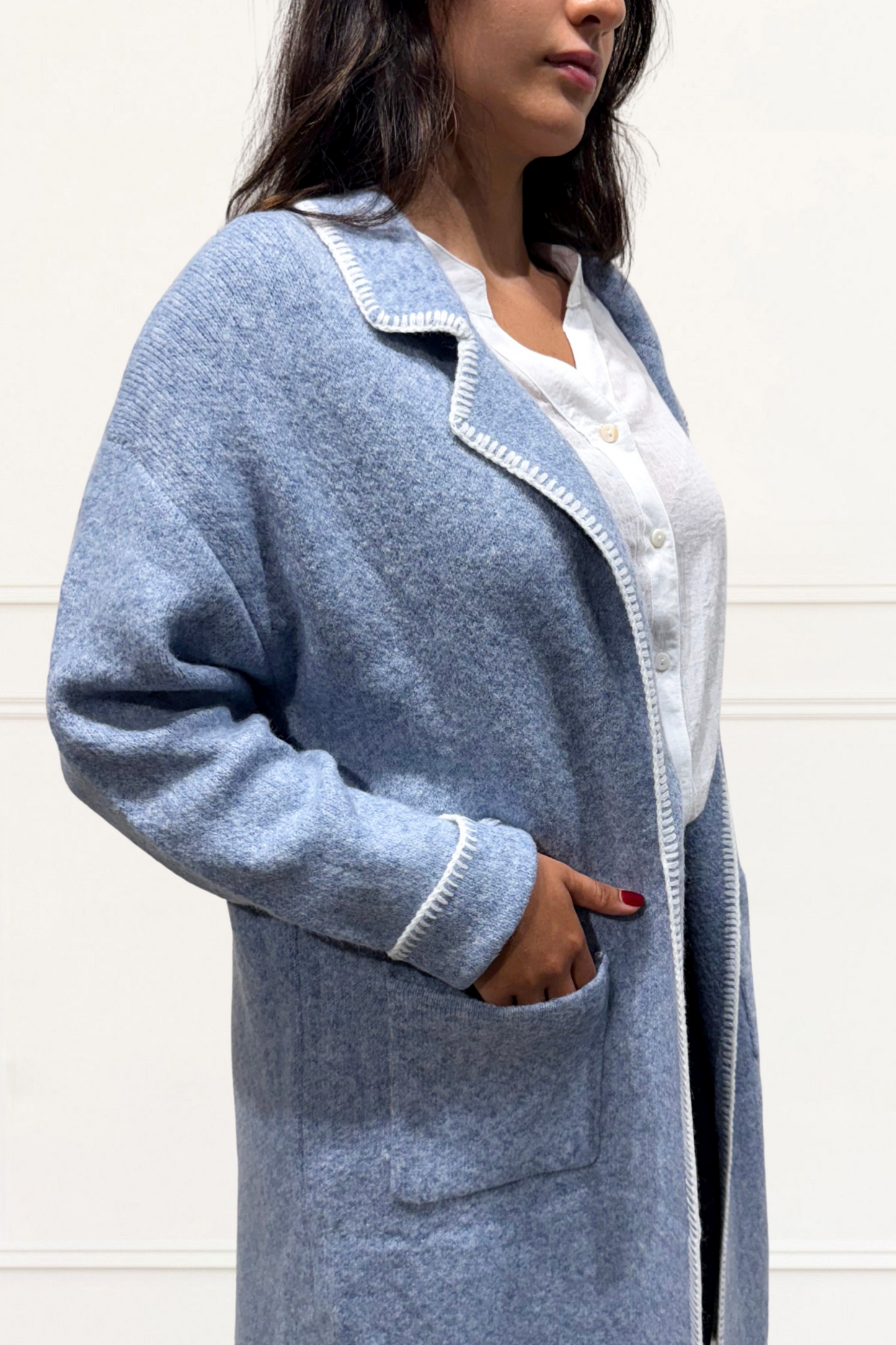 Solana Knit Jacket Collar Long Open-Front Contrast Stitching Pockets