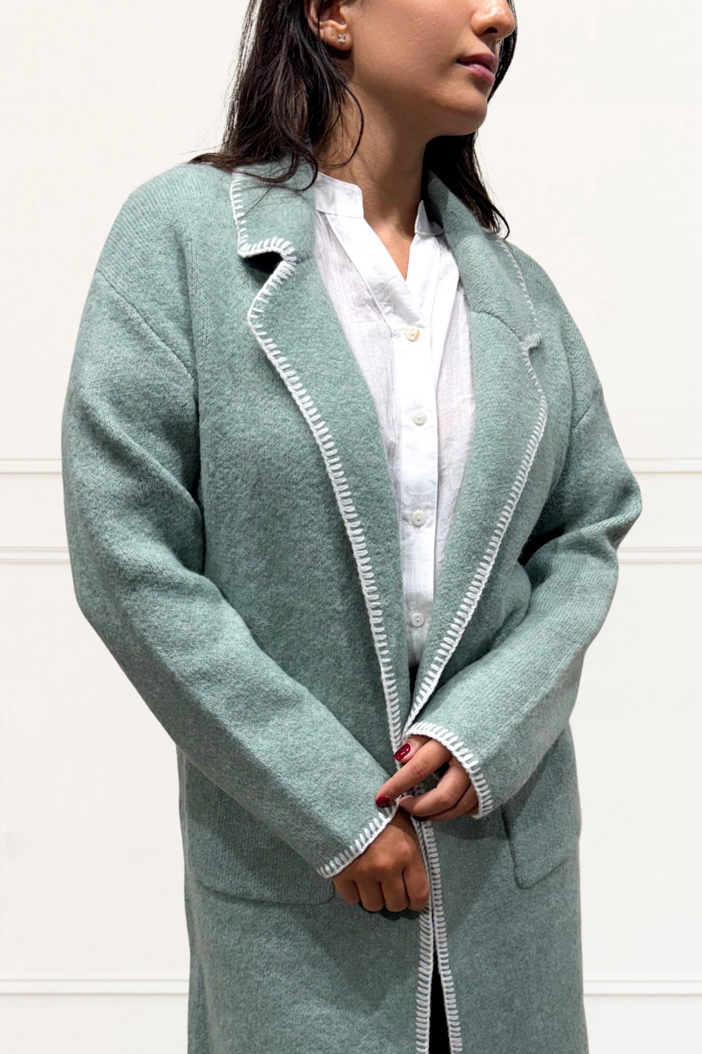 Solana Knit Jacket Collar Long Open-Front Contrast Stitching Pockets