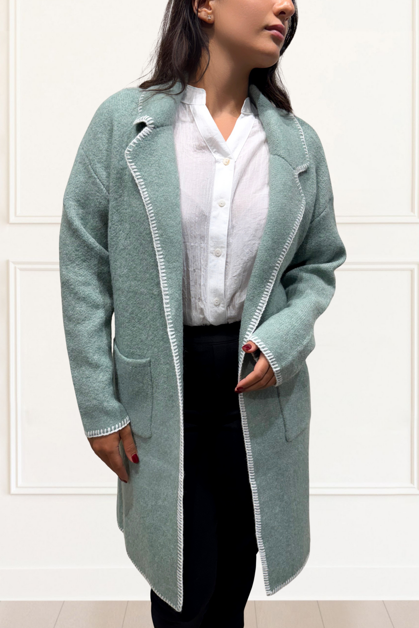Solana Knit Jacket Collar Long Open-Front Contrast Stitching Pockets