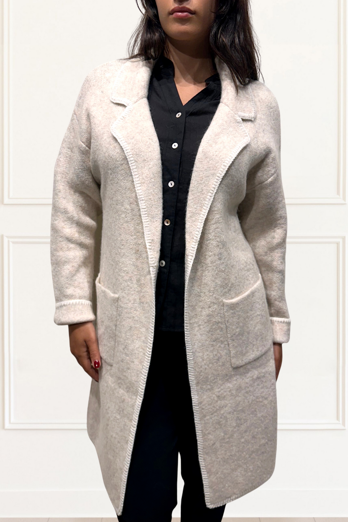 Solana Knit Jacket Collar Long Open-Front Contrast Stitching Pockets