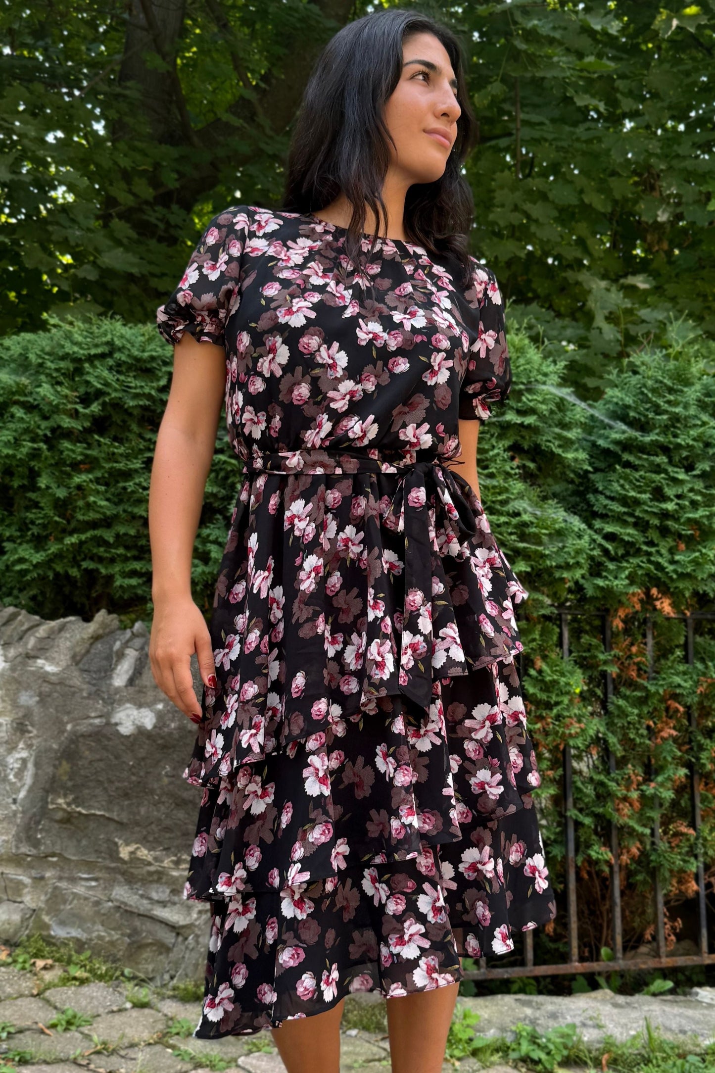 Catalina Black Floral Dress with Layered Hemline