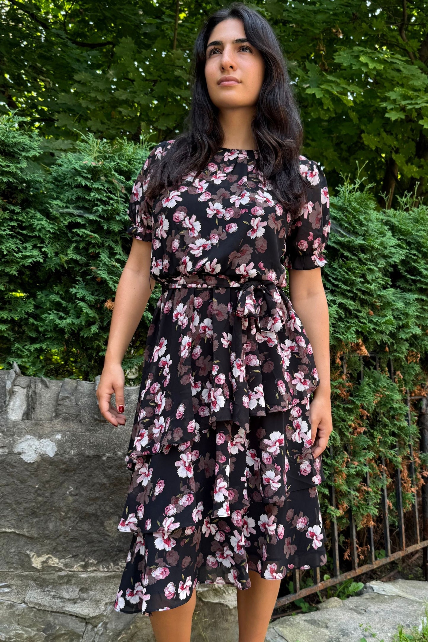 Catalina Black Floral Dress with Layered Hemline
