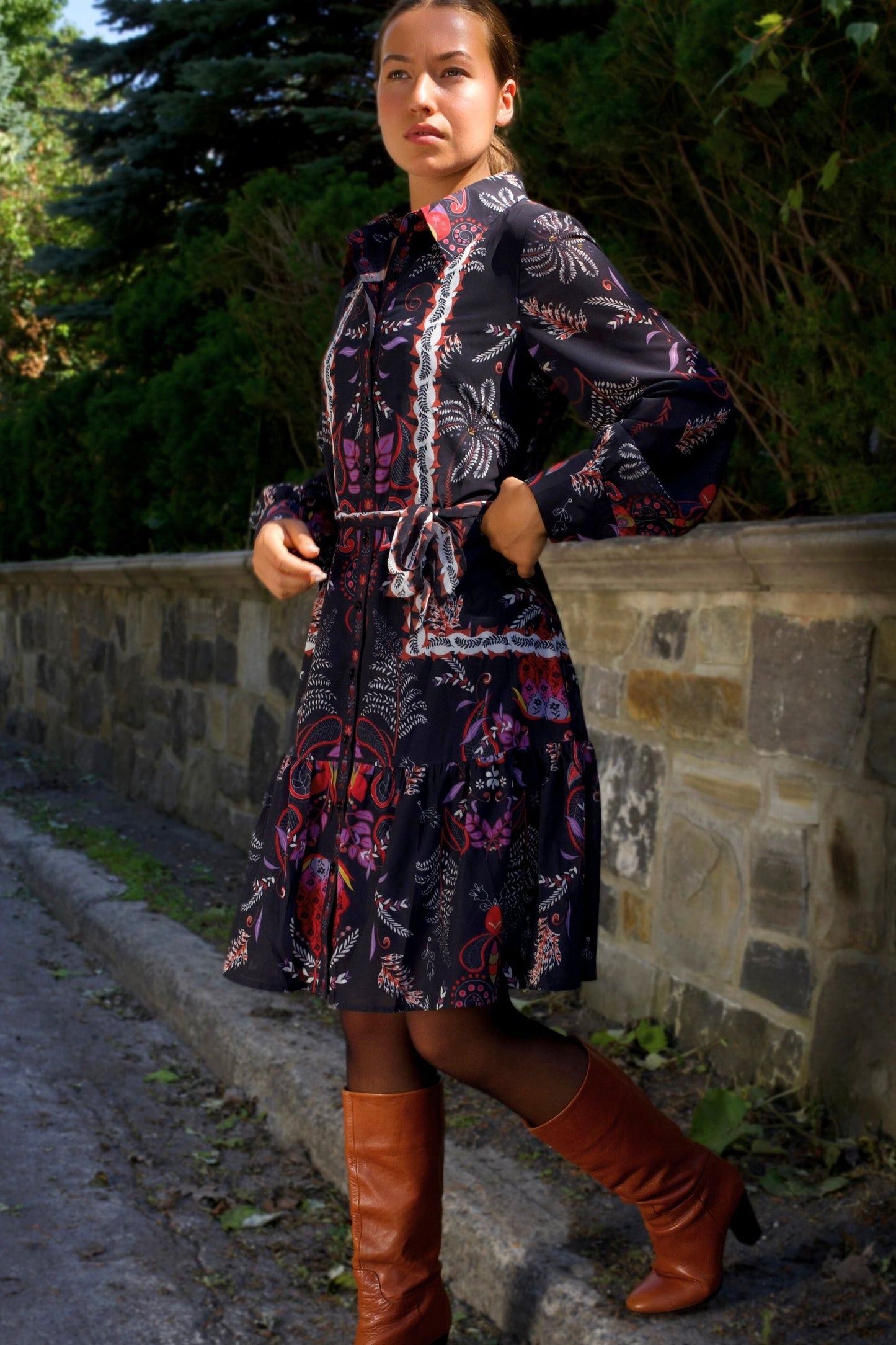 Etna Women's Boho Print Black Shirt Dress Waist Tie Button Front