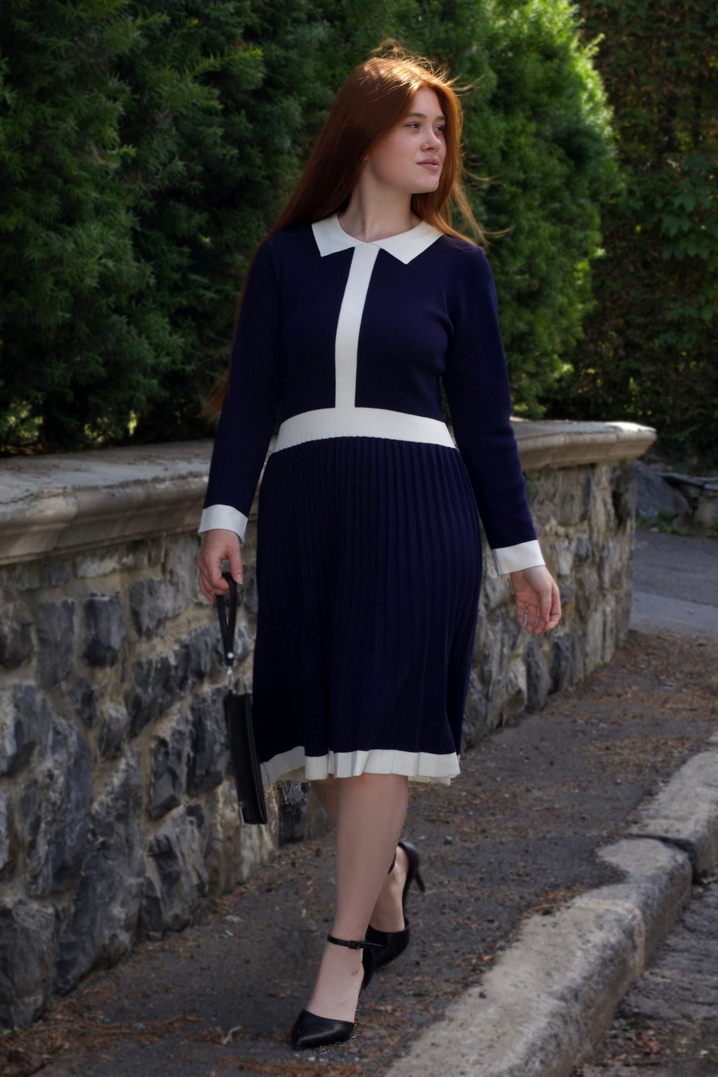 Clarissa Knit Women's Dress Contrast Trim Long Sleeves