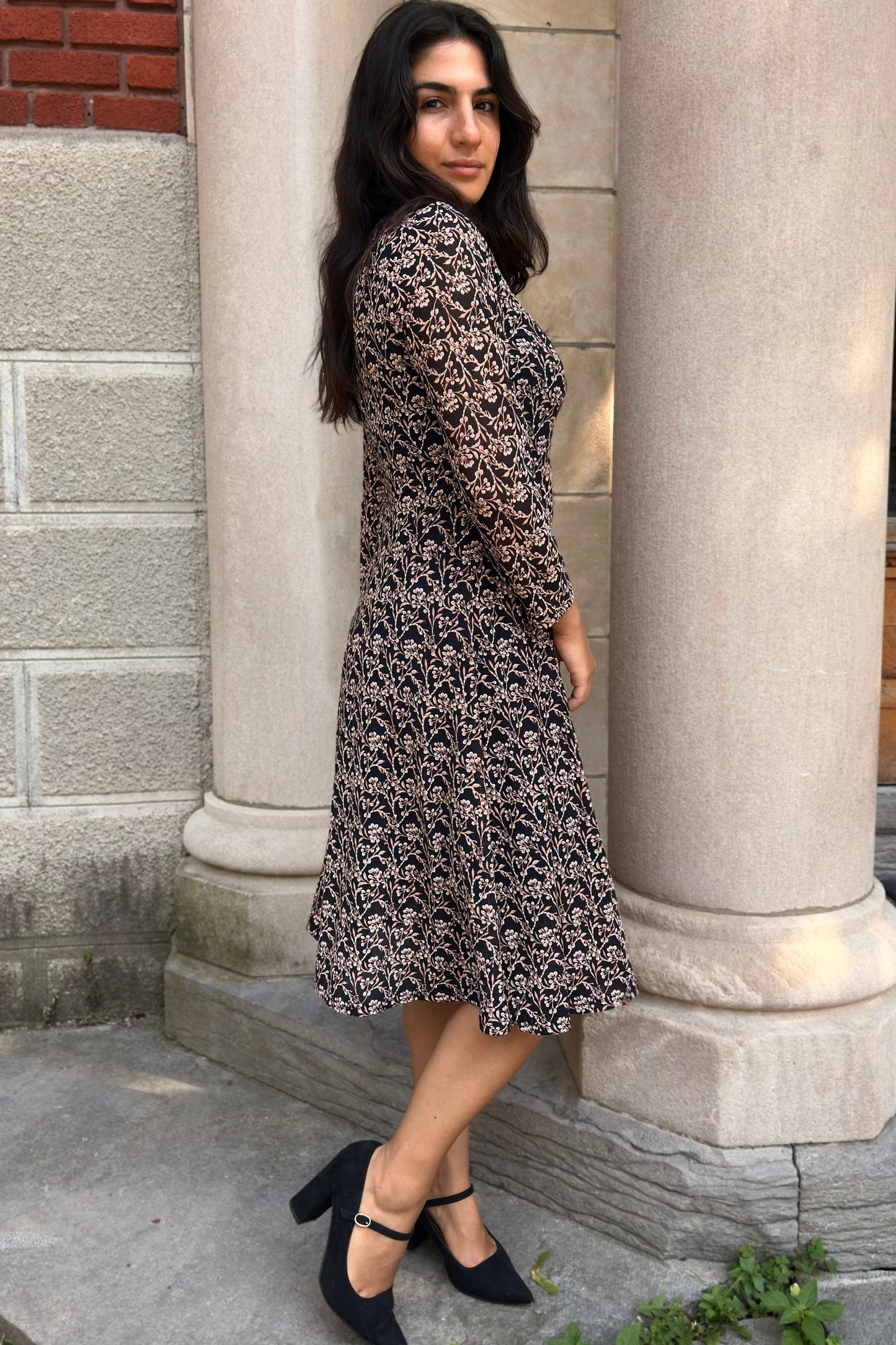 Audrey Black Fit & Flare Mesh Dress Beige Floral Print