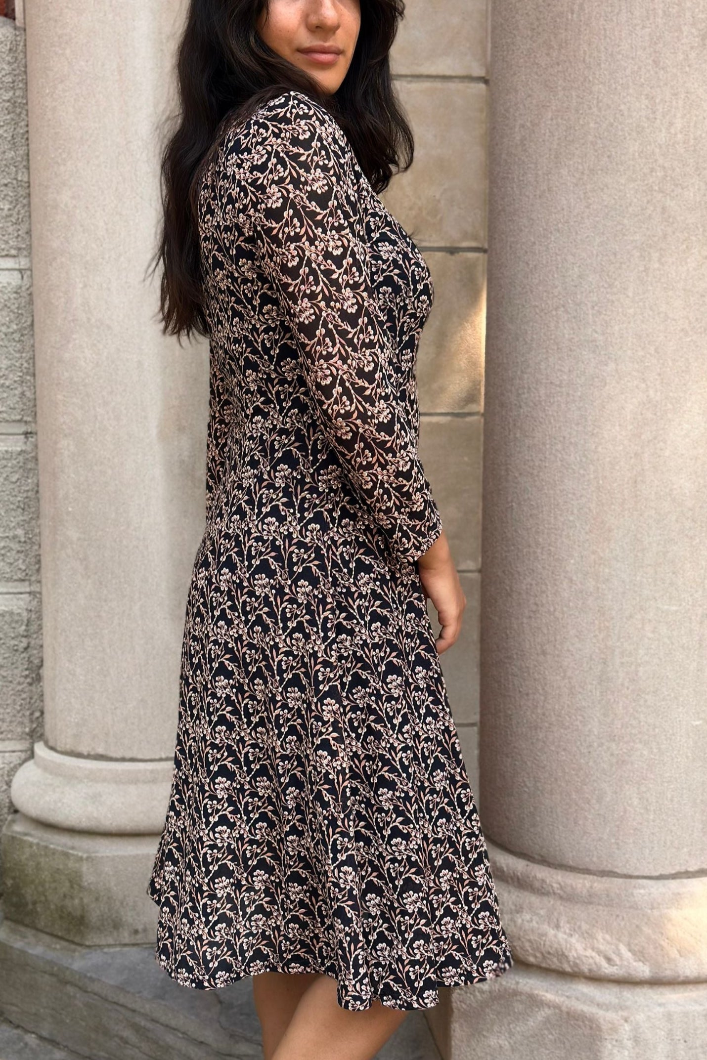 Audrey Navy Fit & Flare Mesh Dress Beige Floral Print