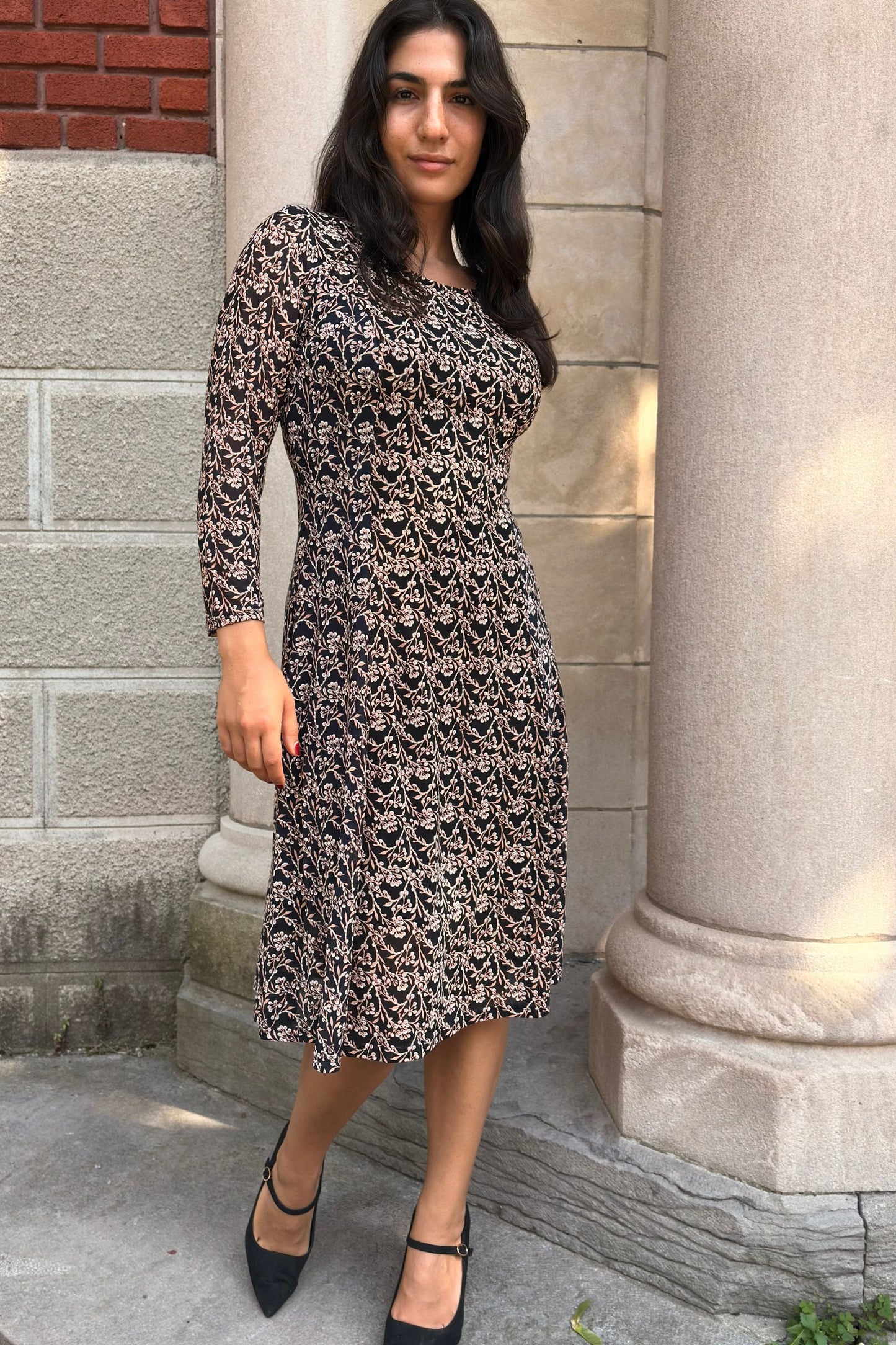 Audrey Black Fit & Flare Mesh Dress Beige Floral Print