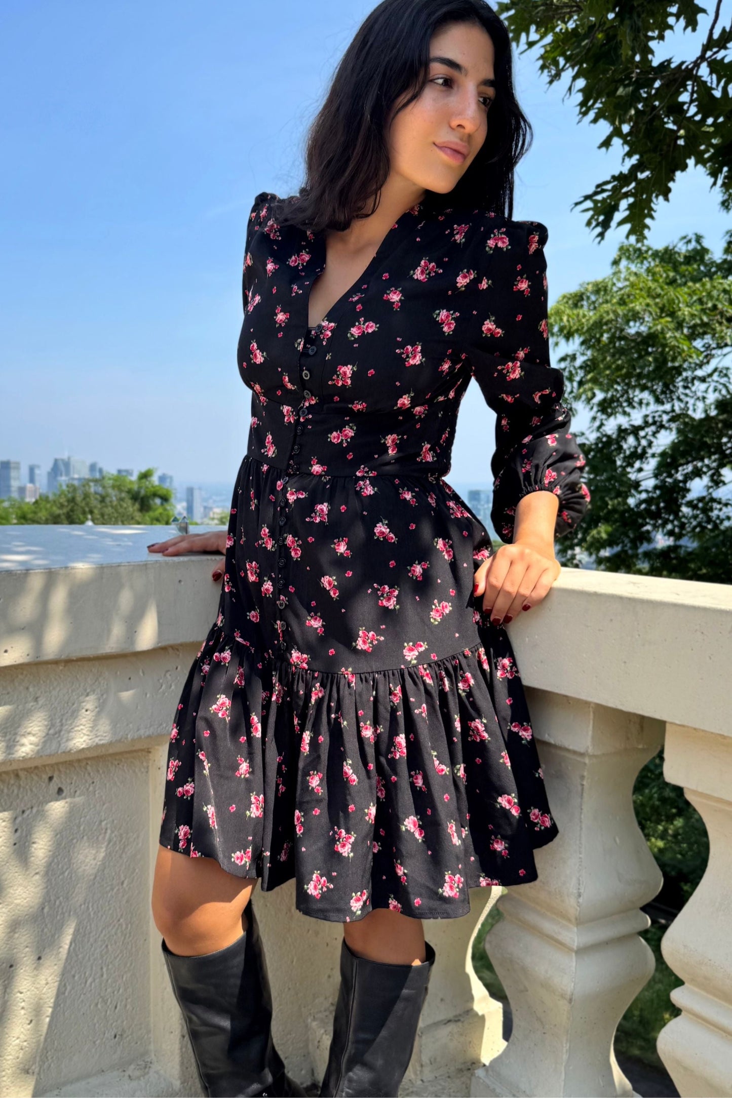 Mila Black Dress Pink Floral Print Button Front Long Sleeves