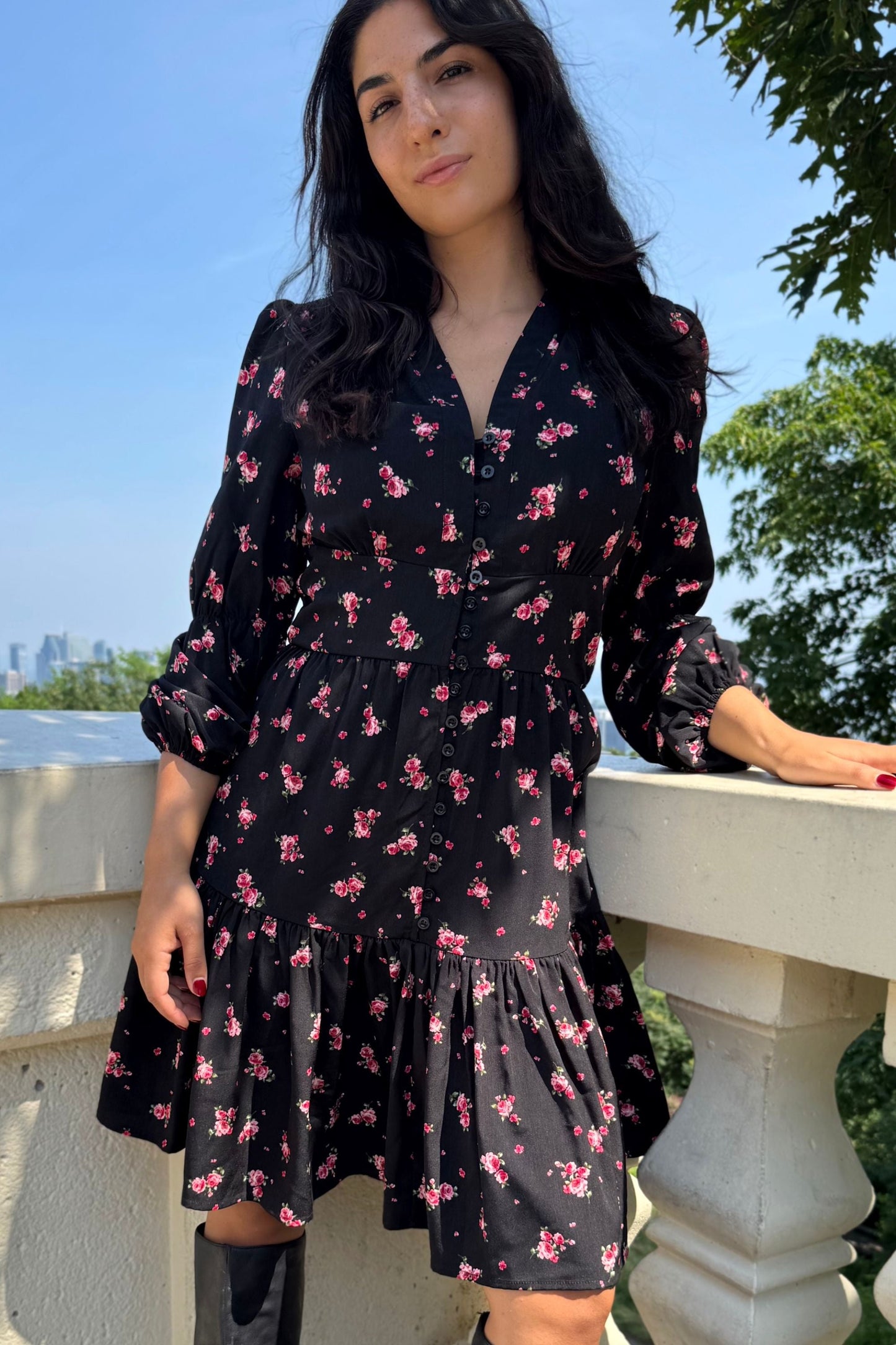 Mila Black Dress Pink Floral Print Button Front Long Sleeves
