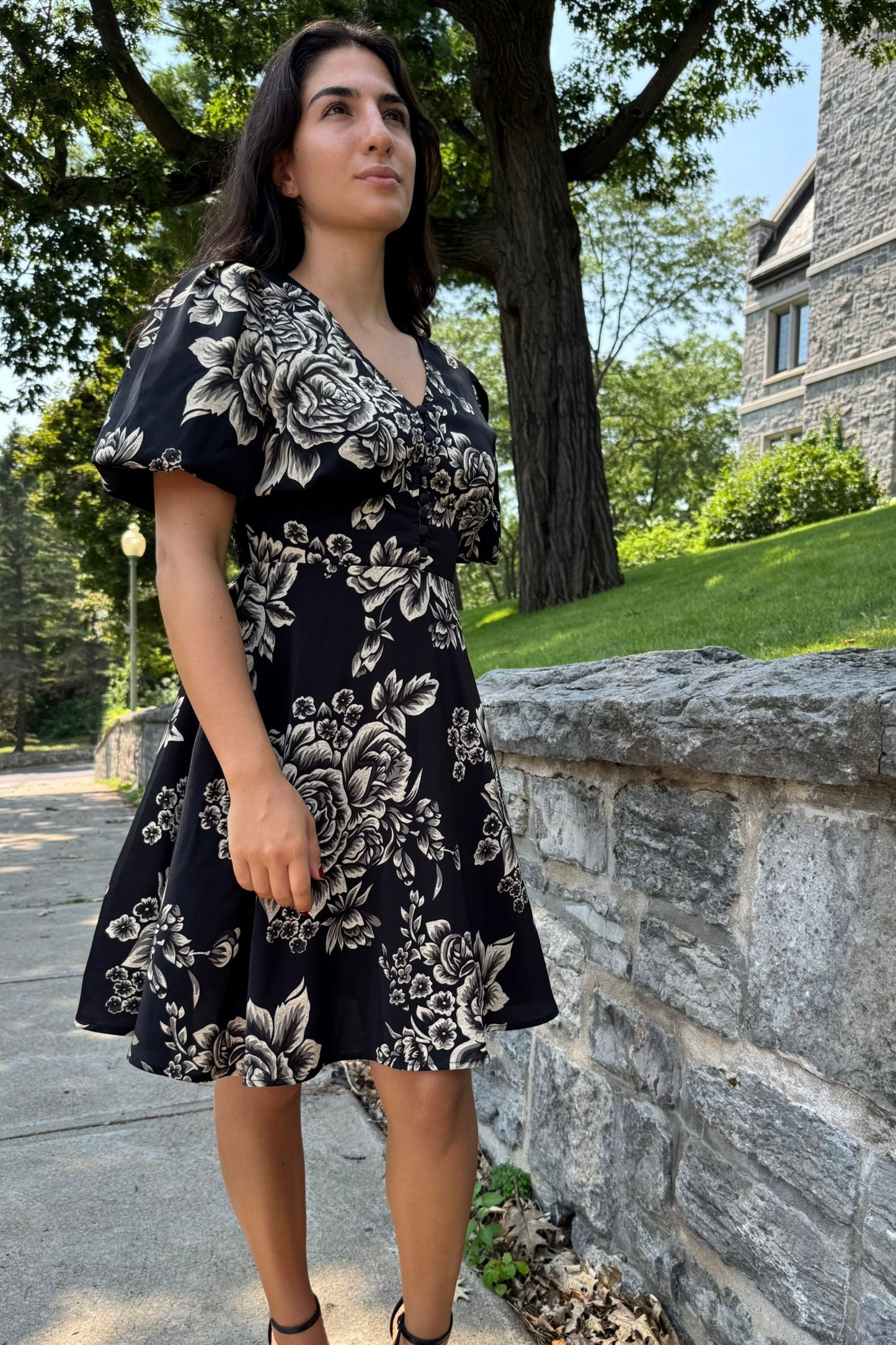 Lottie Black Floral Fit and Flare Dress Flowy Sleeves