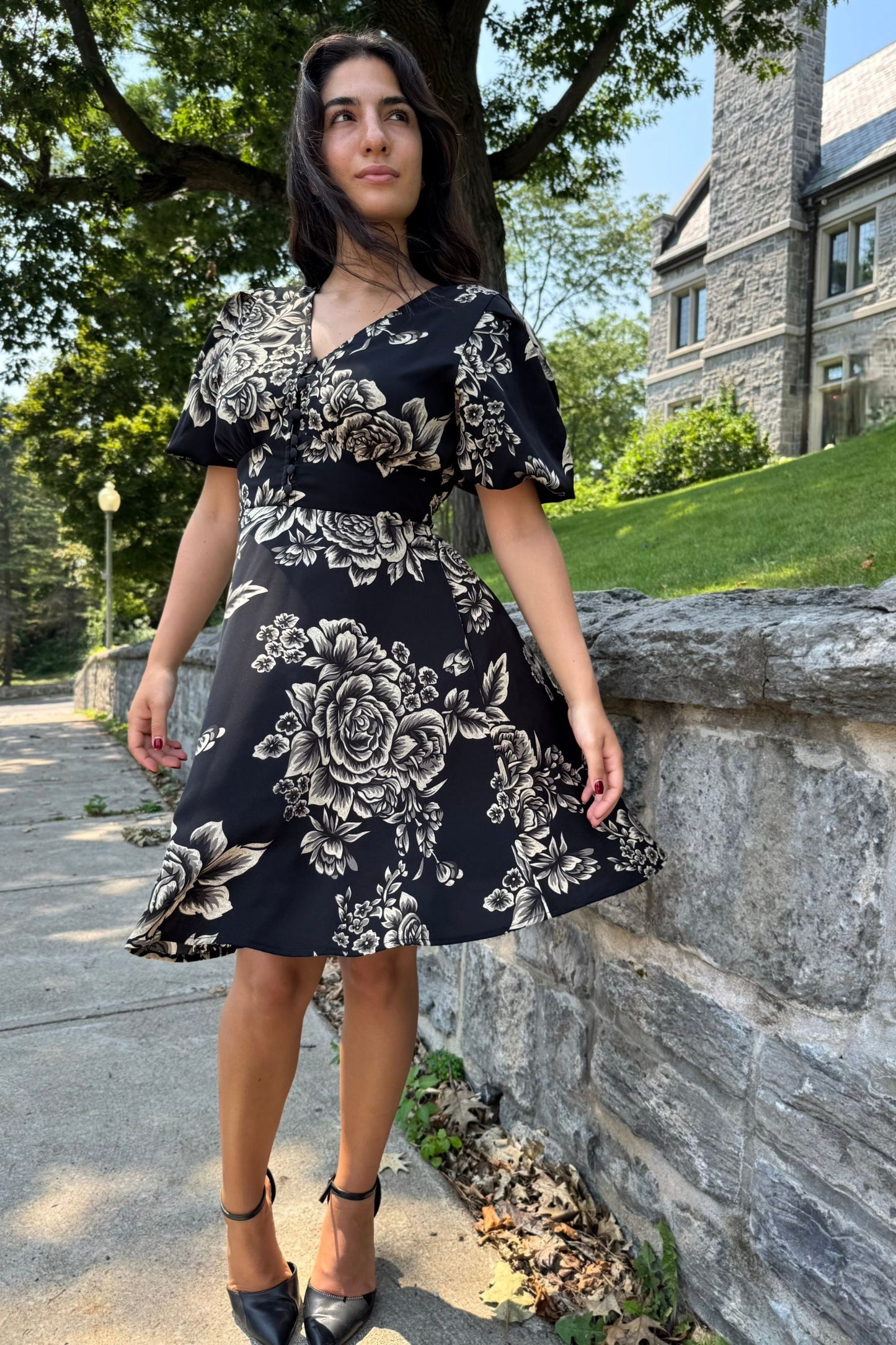Lottie Black Floral Fit and Flare Dress Flowy Sleeves