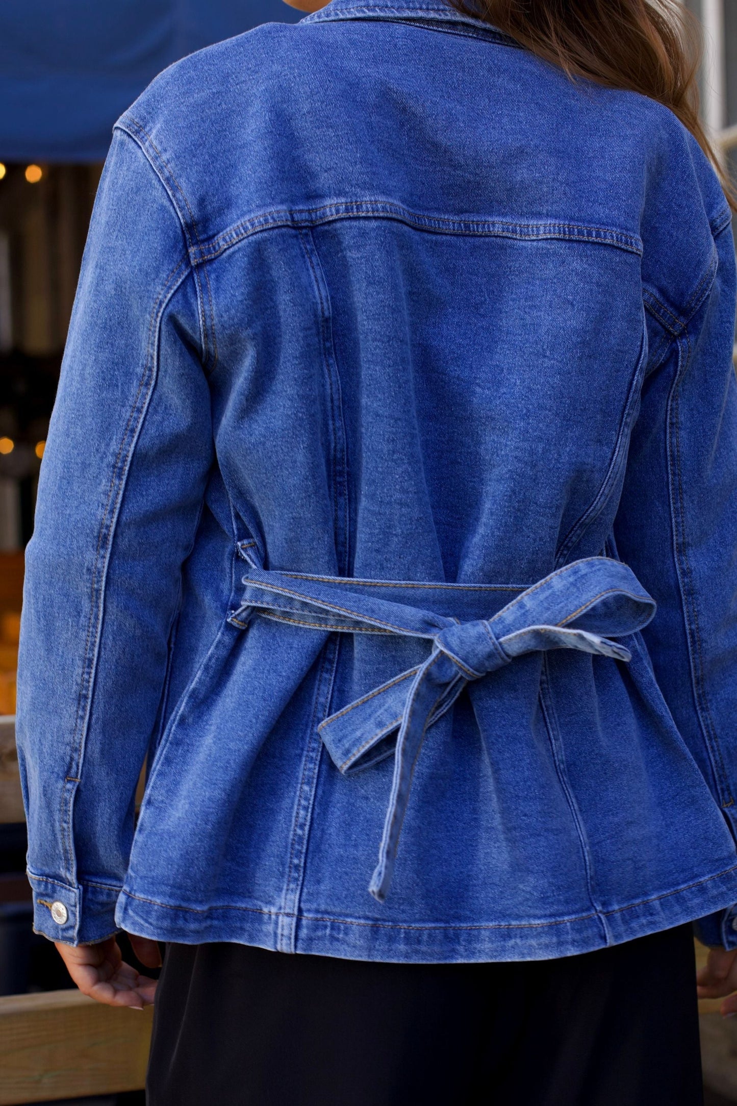 Sabrina Veste Jean Bleu Jacquard Ceinturée Pour Femme