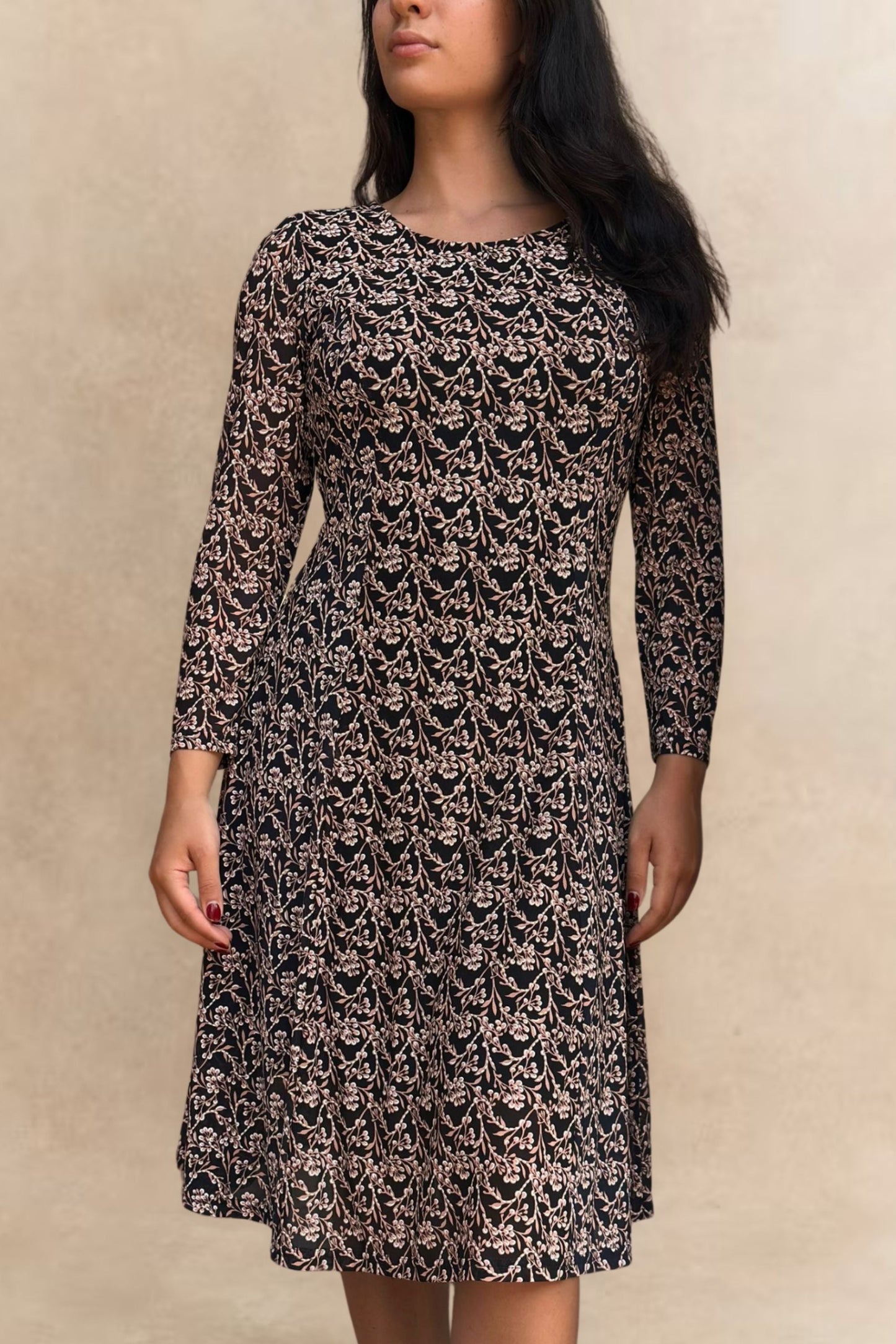 Audrey Navy Fit & Flare Mesh Dress Beige Floral Print