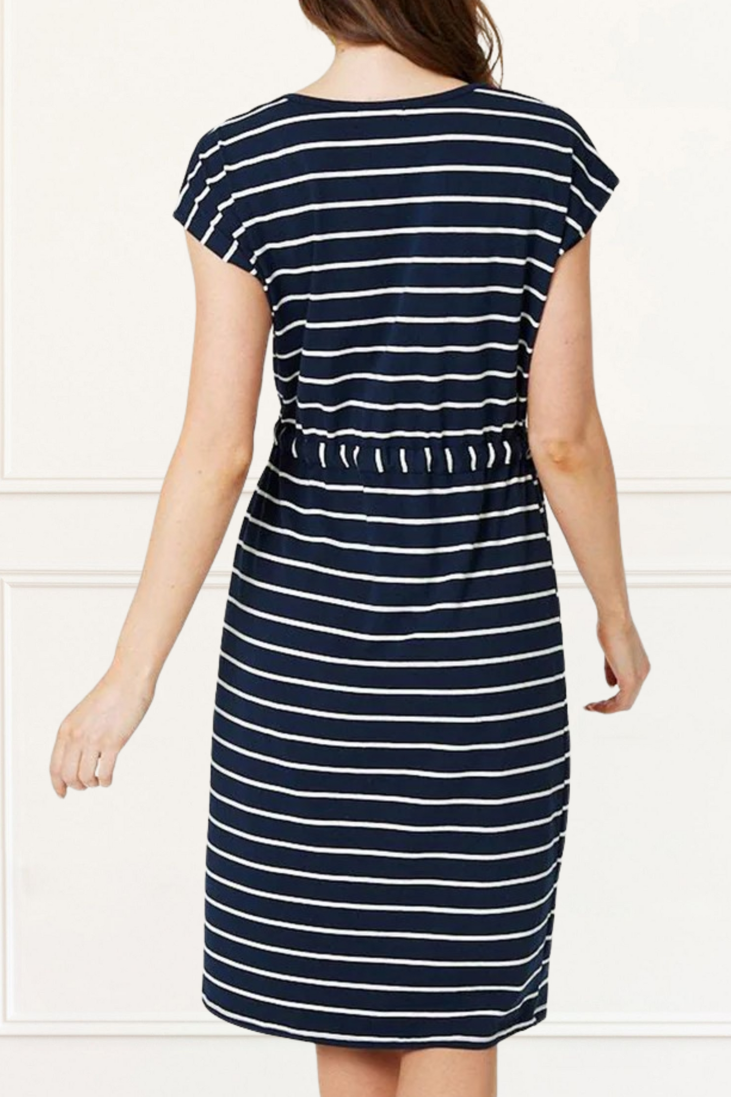 Annalise Women's Navy Stripe Cotton Dress Adjustable Drawstring Waist
