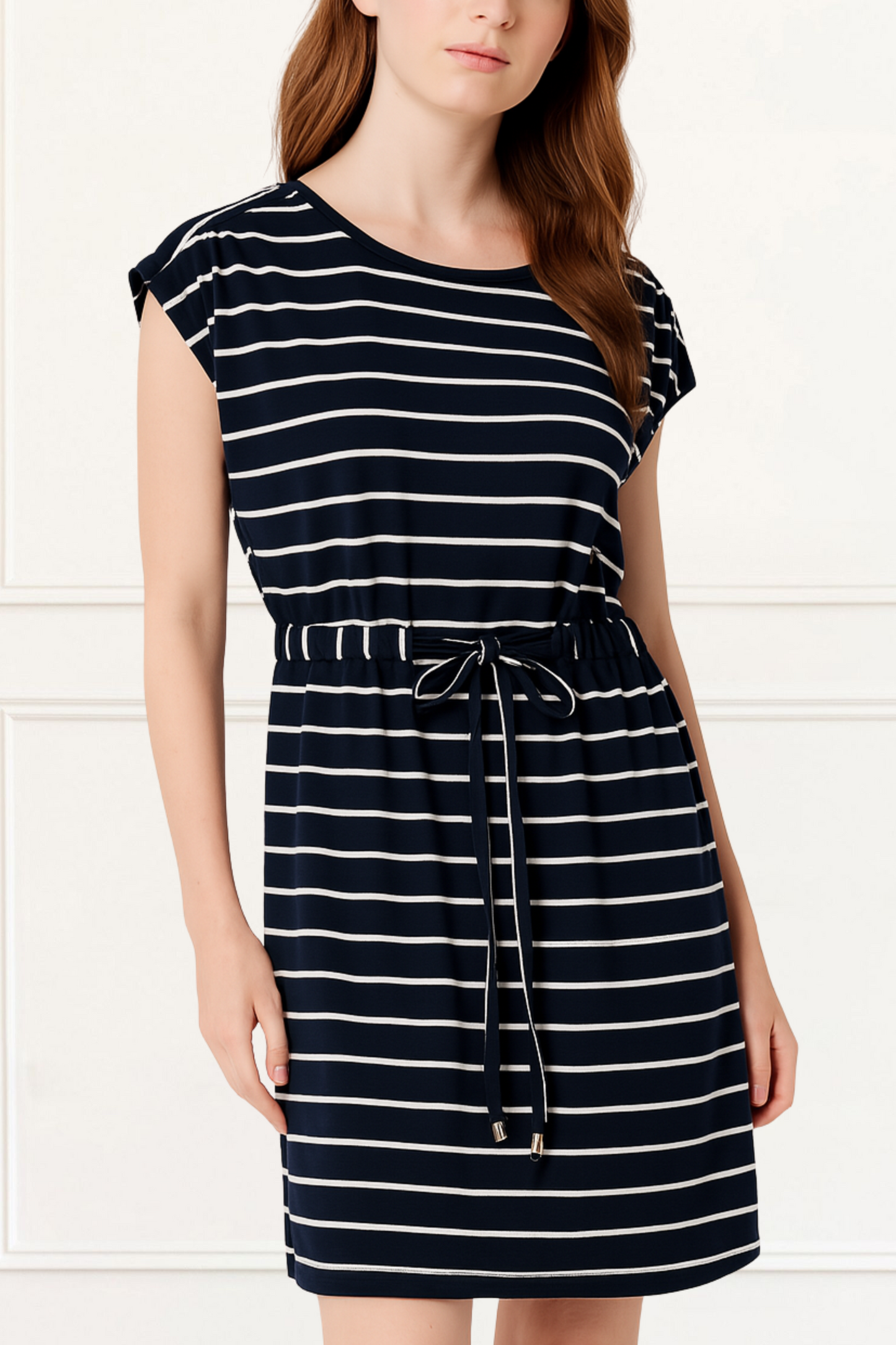 Annalise Women's Navy Stripe Cotton Dress Adjustable Drawstring Waist