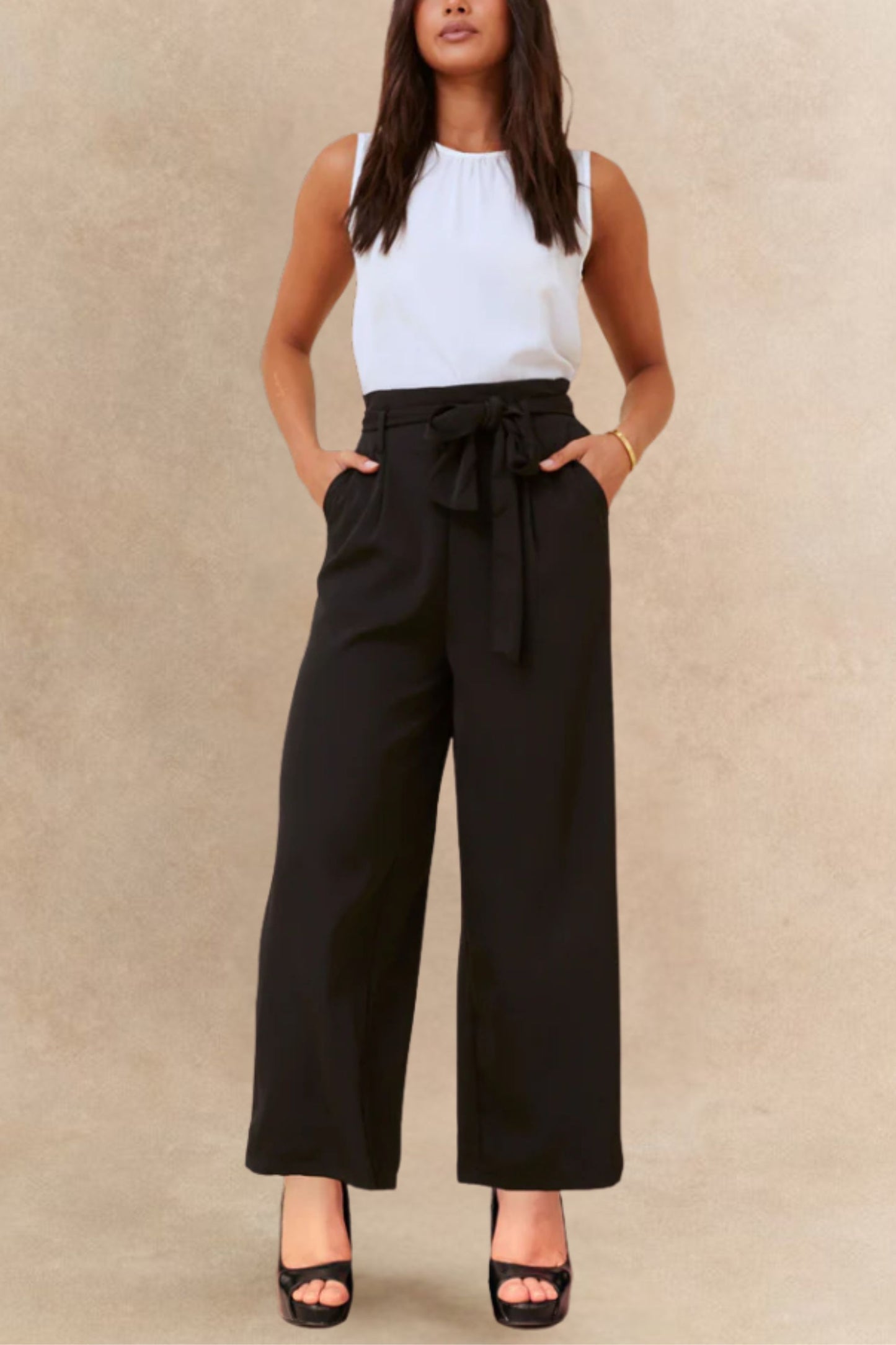 Alba Black Paperbag Pants Straight Leg Elastic Waistband