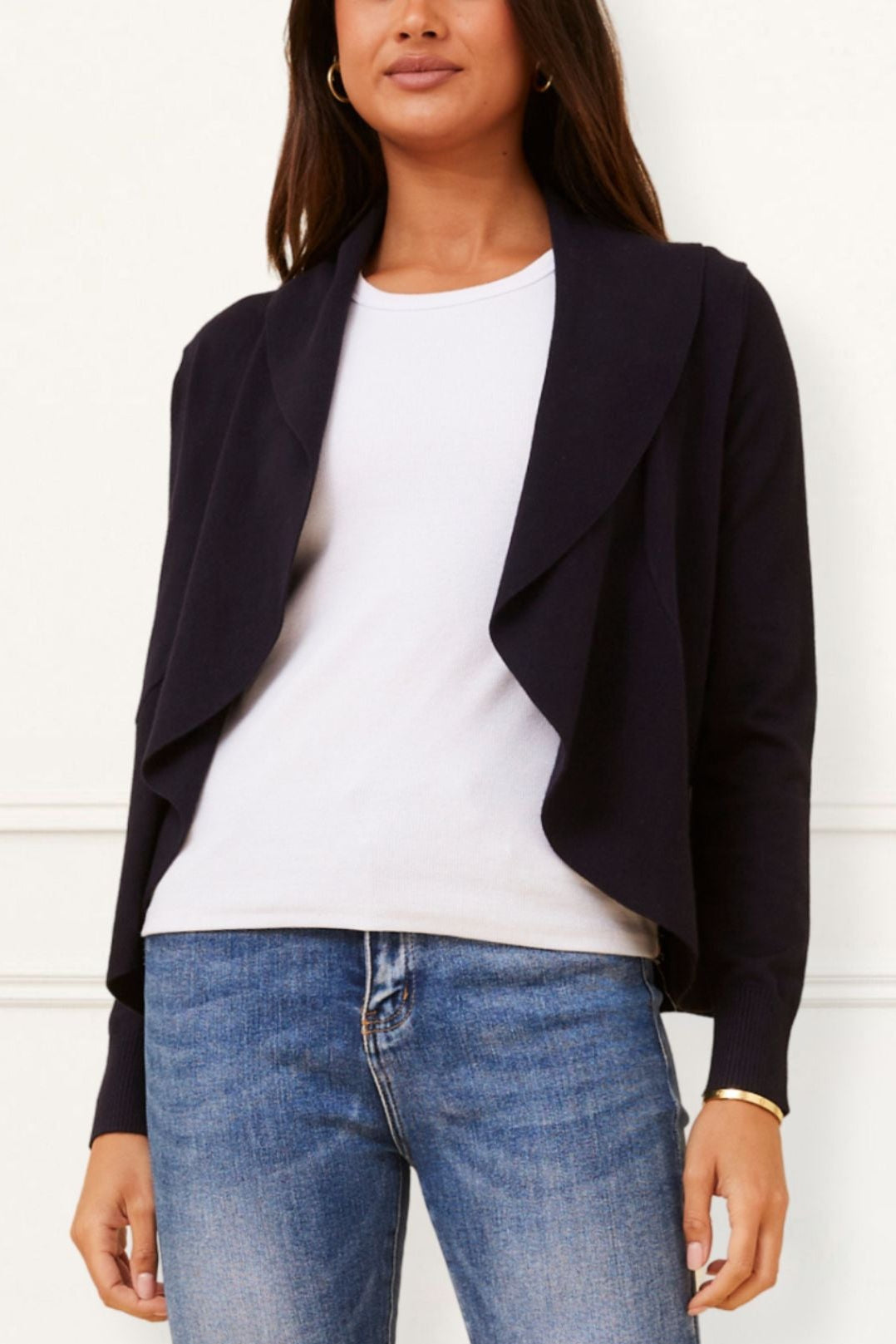 Alessia Cardigan Noir Femme Léger Ouvert Coupe Drapée Style Cascade