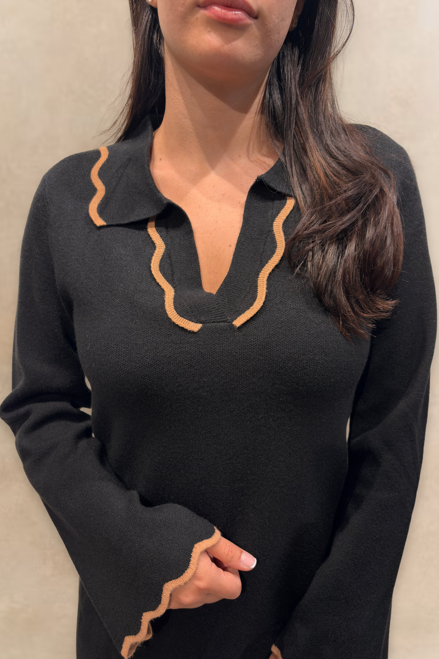 Alice Black Knit Dress Polo Shirt Collar Piping Neckline Relaxed Fit