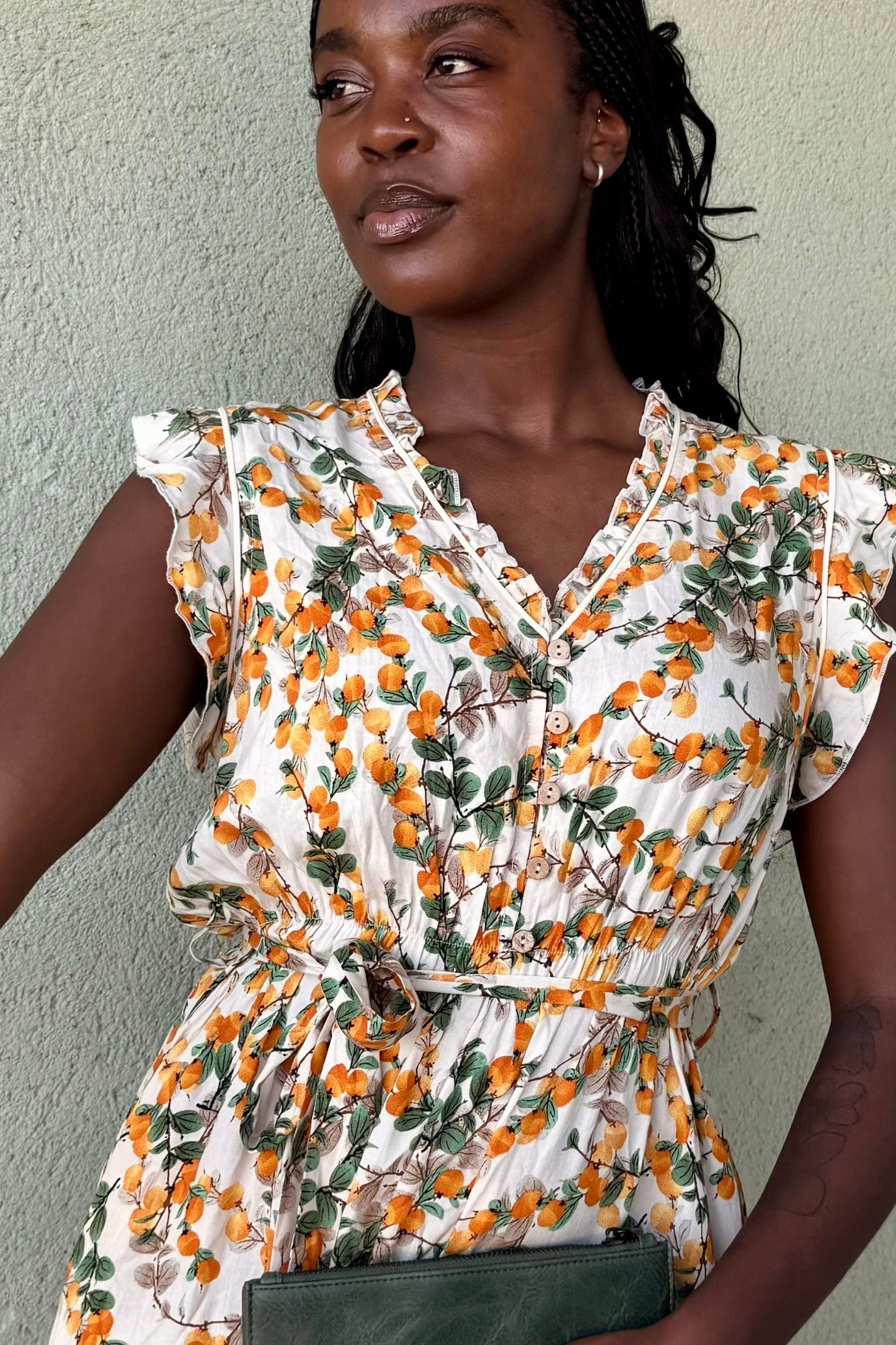 Natasha Citrus Print Short Dress Self Belt Pockets Ruffle Trim