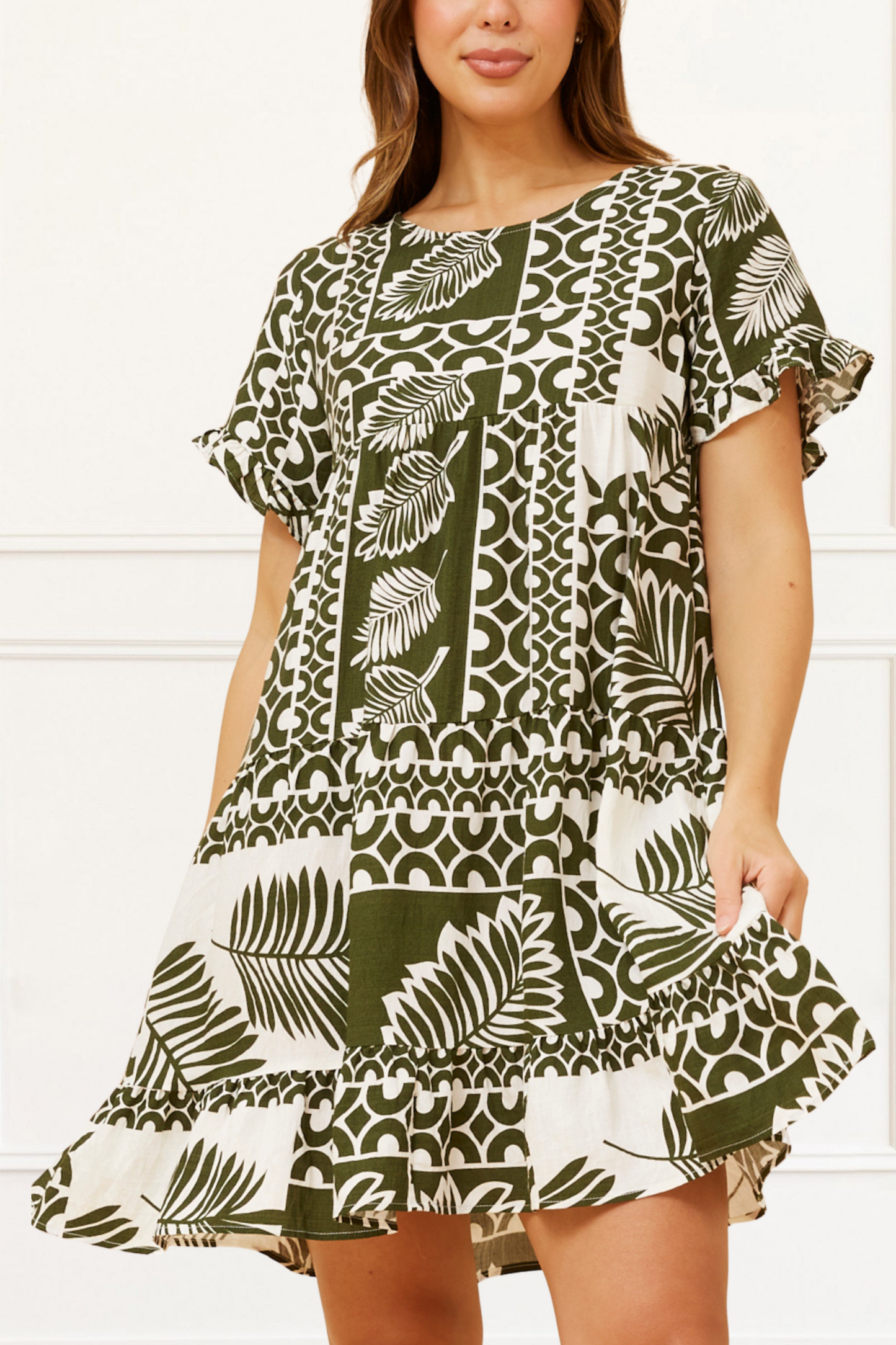 Clara White Dress Green Tropical Patchwork Ruffle Sleeves