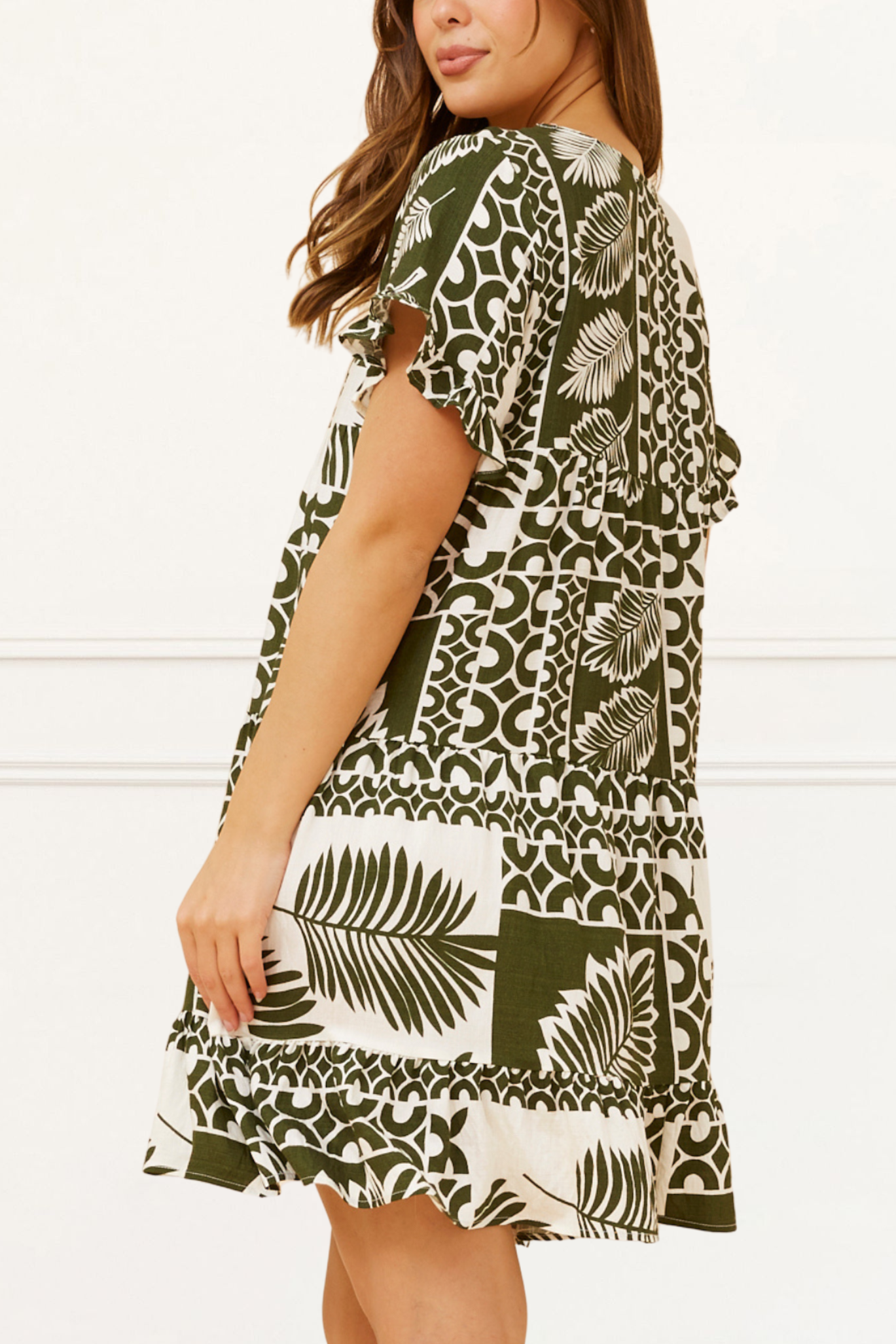 Clara White Dress Green Tropical Patchwork Ruffle Sleeves
