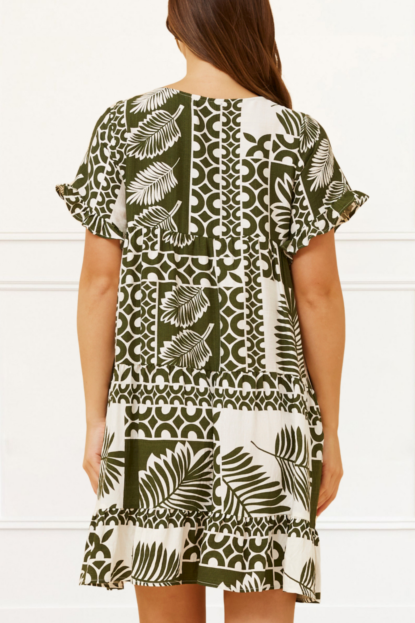 Clara White Dress Green Tropical Patchwork Ruffle Sleeves