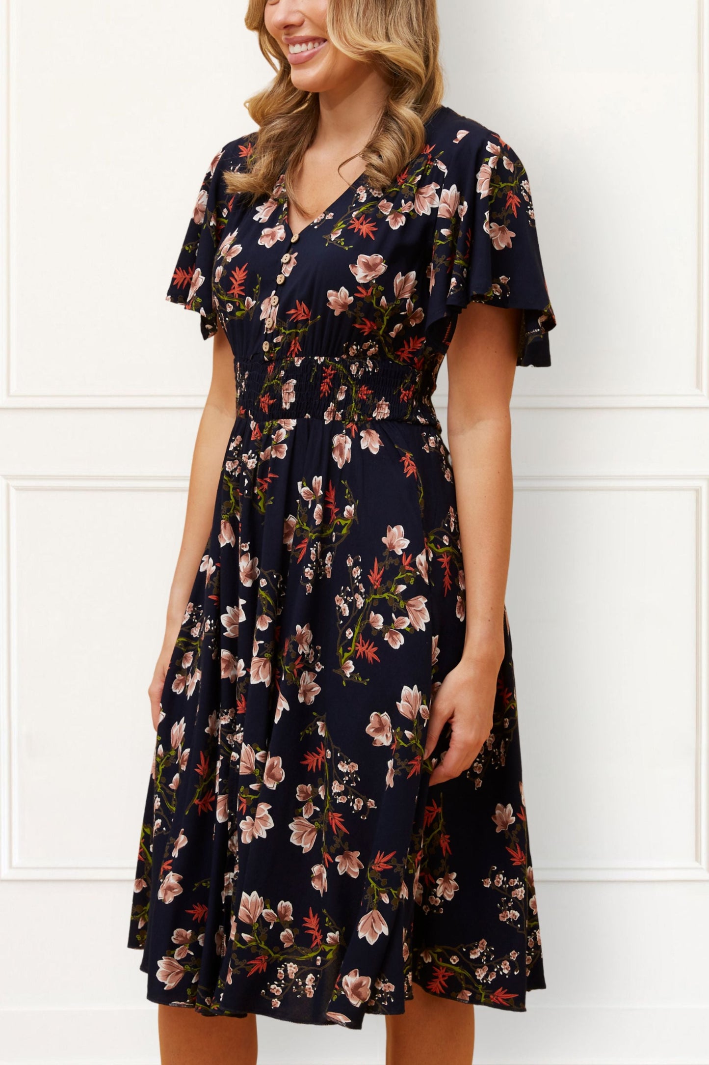 Dimi Floral Short Dress Smocked Waist Pockets