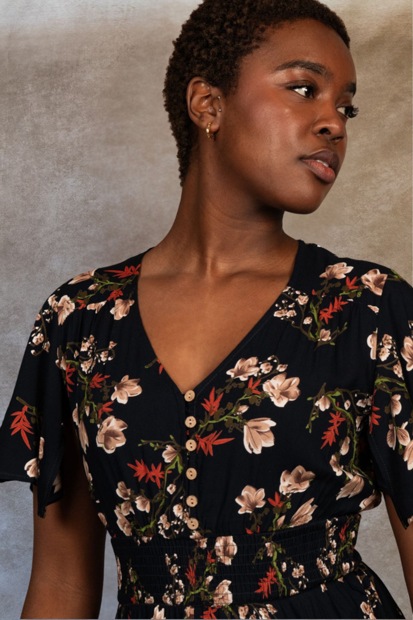 Dimi Floral Short Dress Smocked Waist Pockets