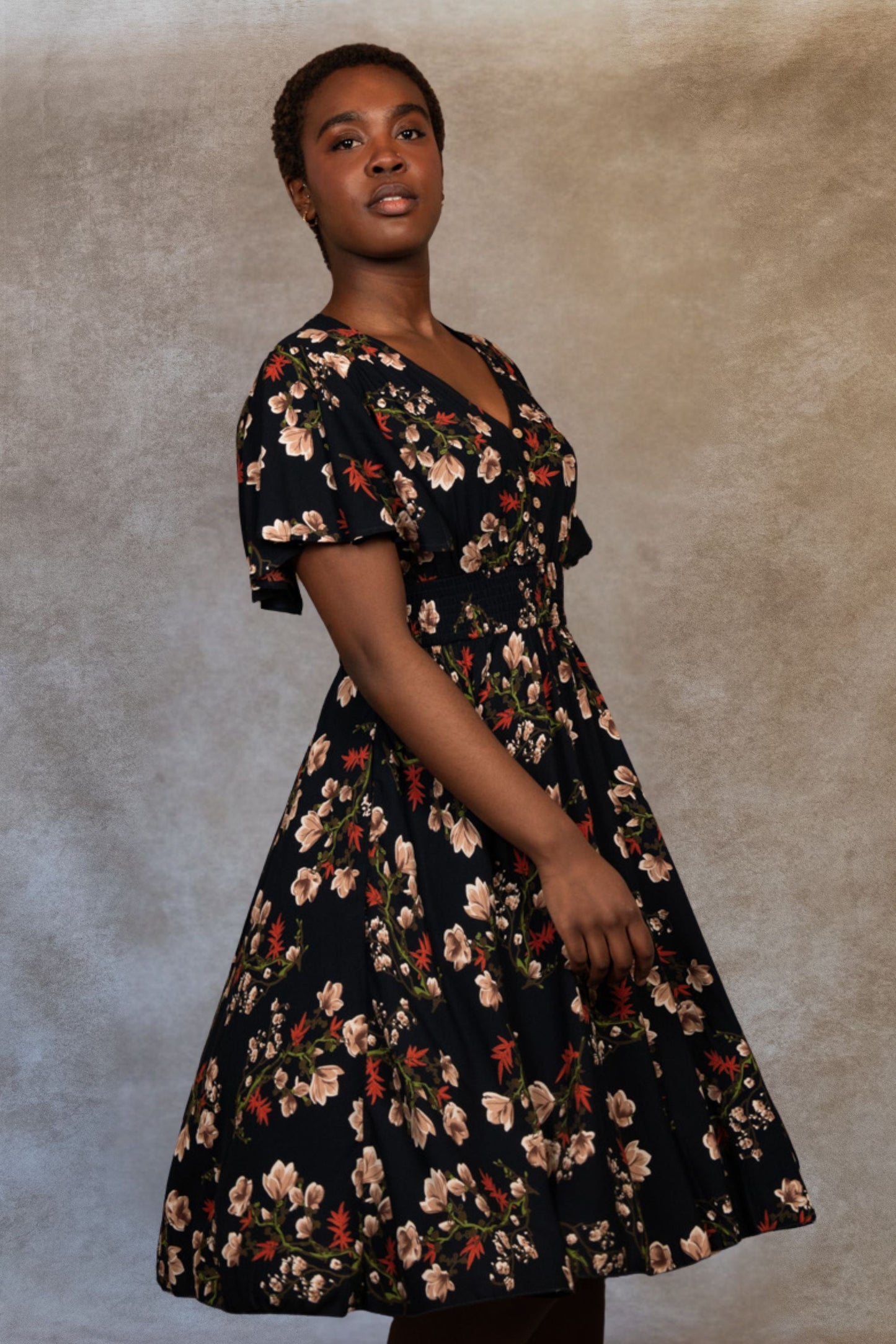 Dimi Floral Short Dress Smocked Waist Pockets