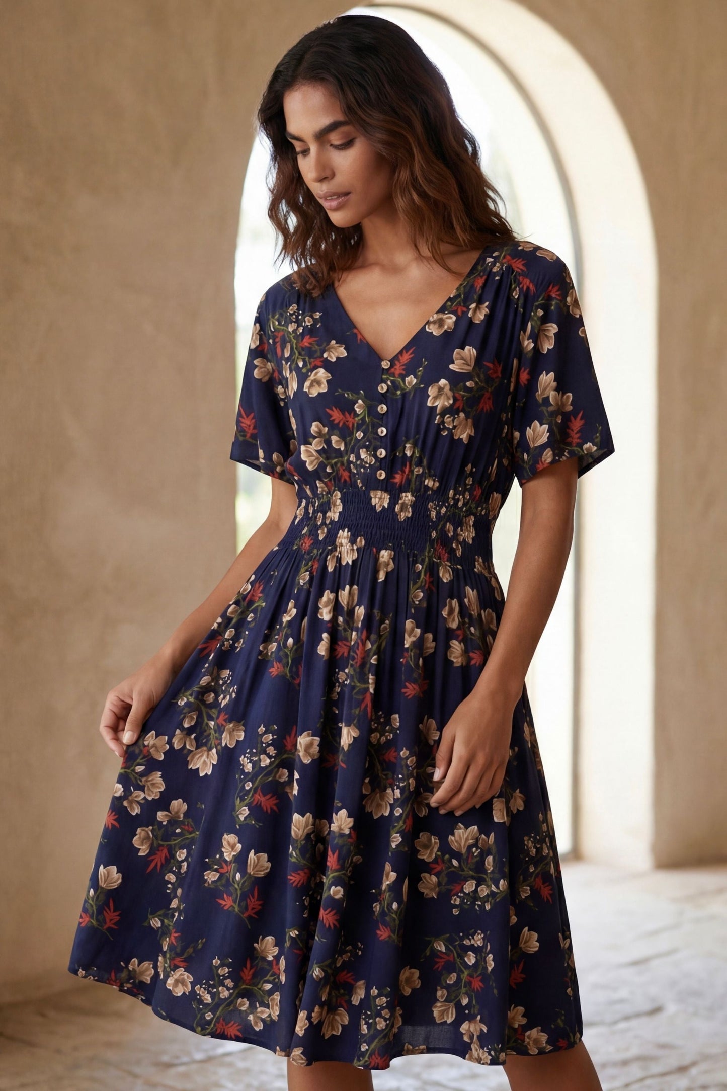 Dimi Floral Short Dress Smocked Waist Pockets