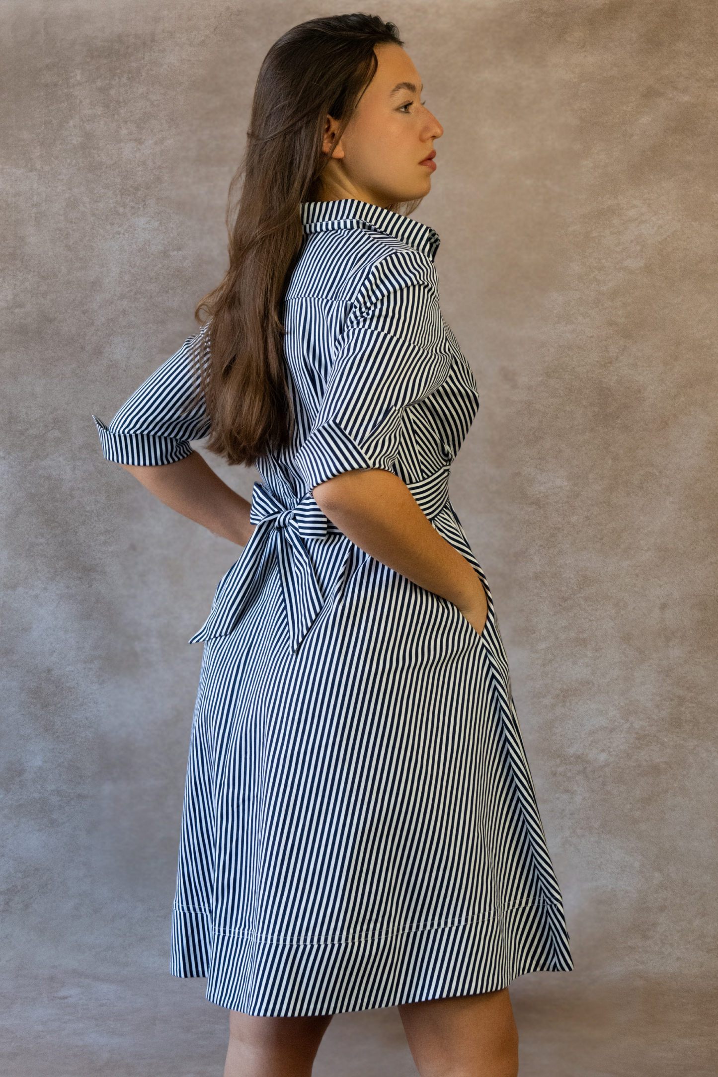 Estelle Striped Shirt Dress - 3/4 Sleeve, Button Down, Belted Waist