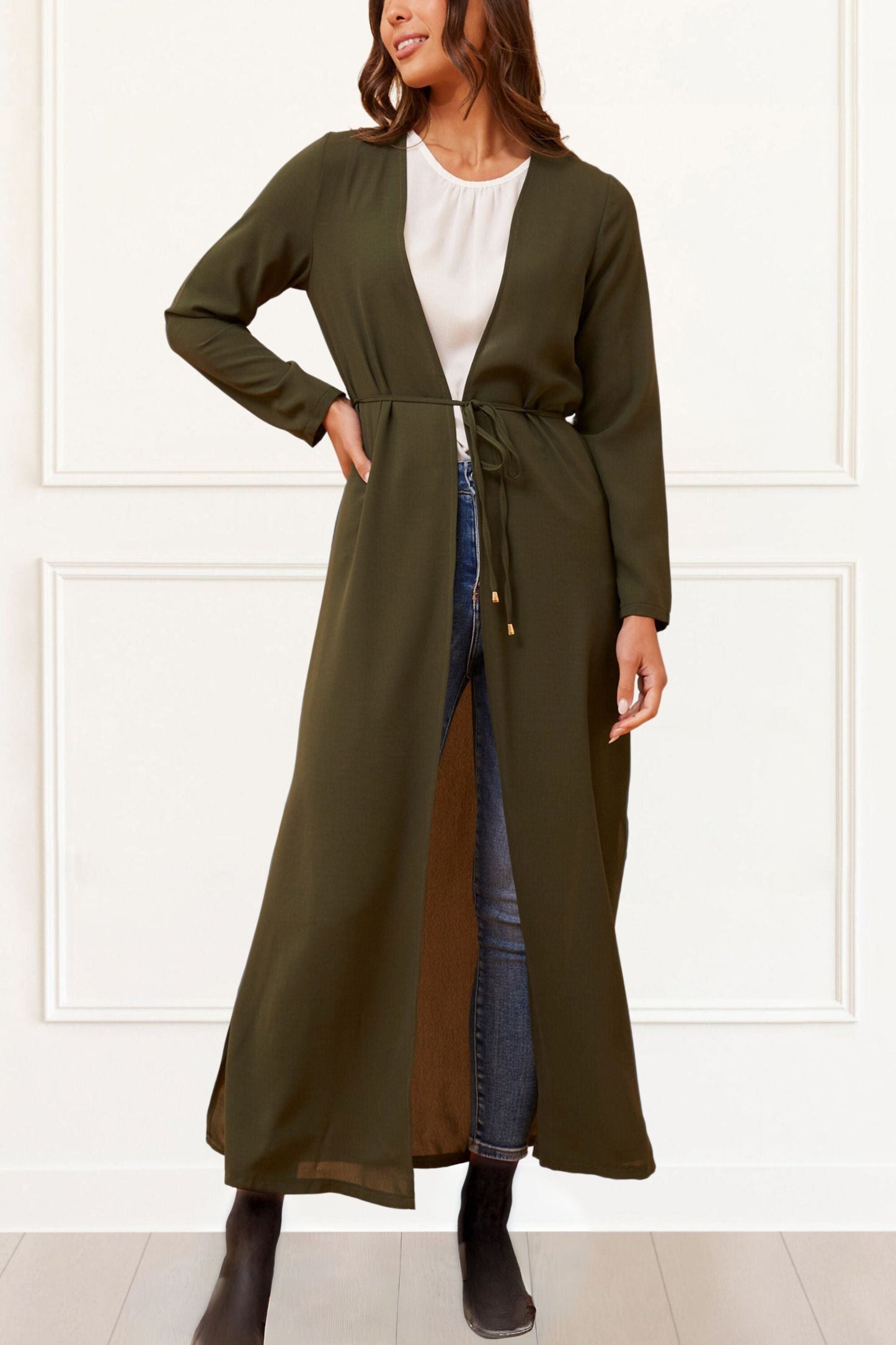 Fanny Long Woven Cover-Up Maxi Cardigan Open Tie Front