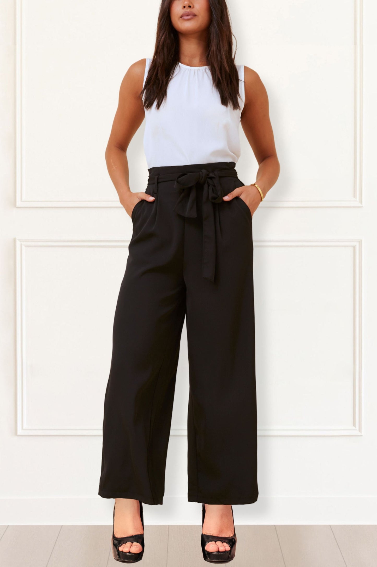 Alba Black Paperbag Pants Straight Leg Elastic Waistband