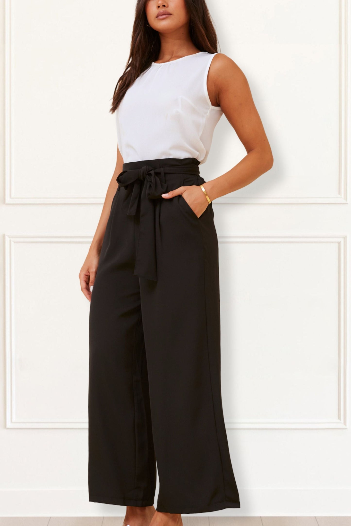 Alba Black Paperbag Pants Straight Leg Elastic Waistband