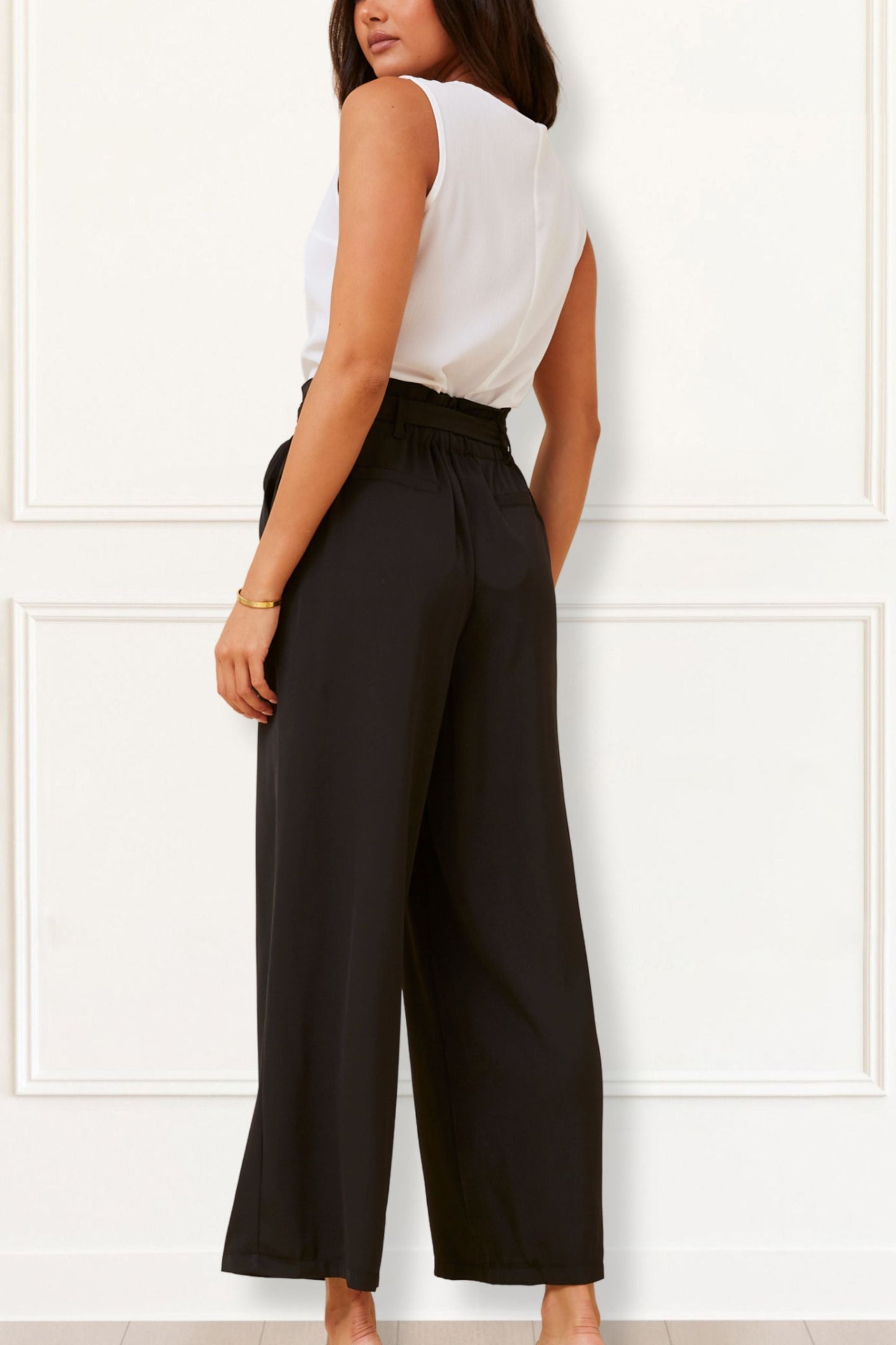 Alba Black Paperbag Pants Straight Leg Elastic Waistband