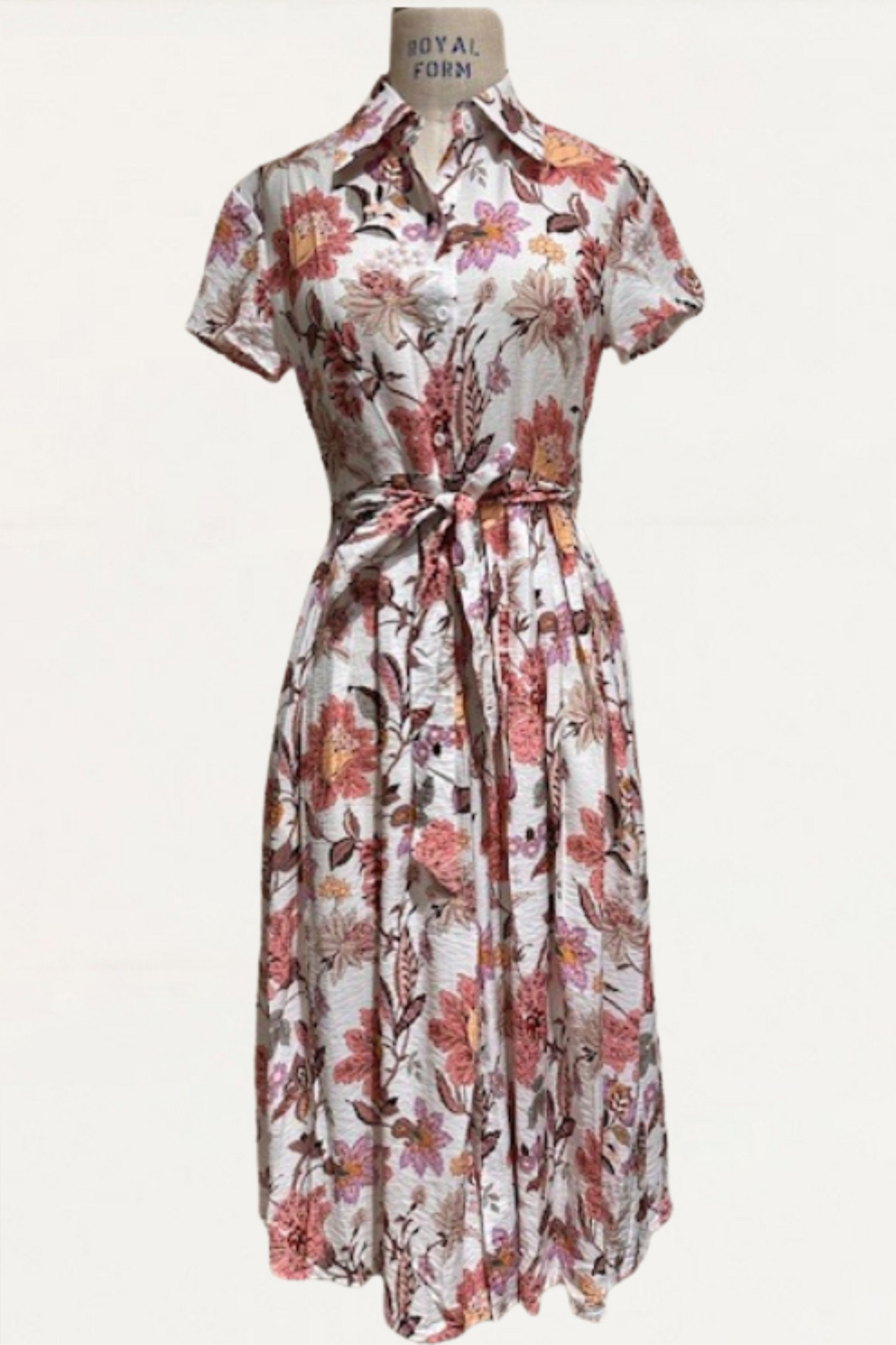 Augustine Midi Shirt Dress Floral Print Button Front Tie Waist Short Sleeve