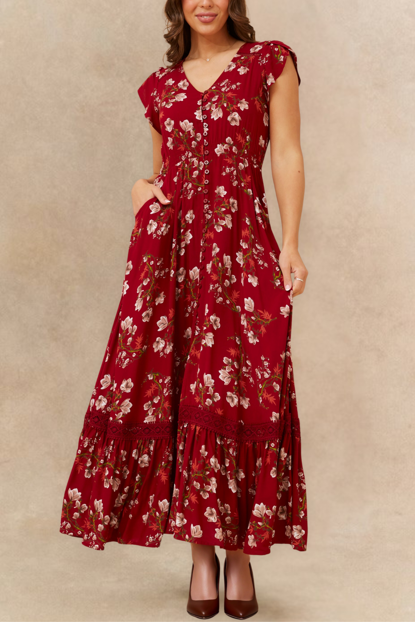 Garance Floral Button Front Maxi Dress Smocked Waist Ruffle Hem