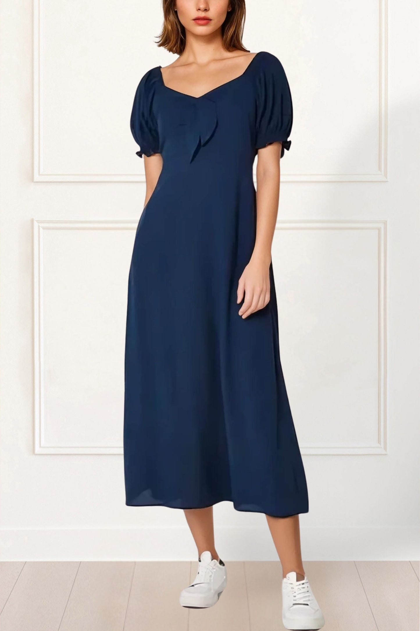 Genevieve Midi Dress Square Neck Fit and Flare Bow Front Retro