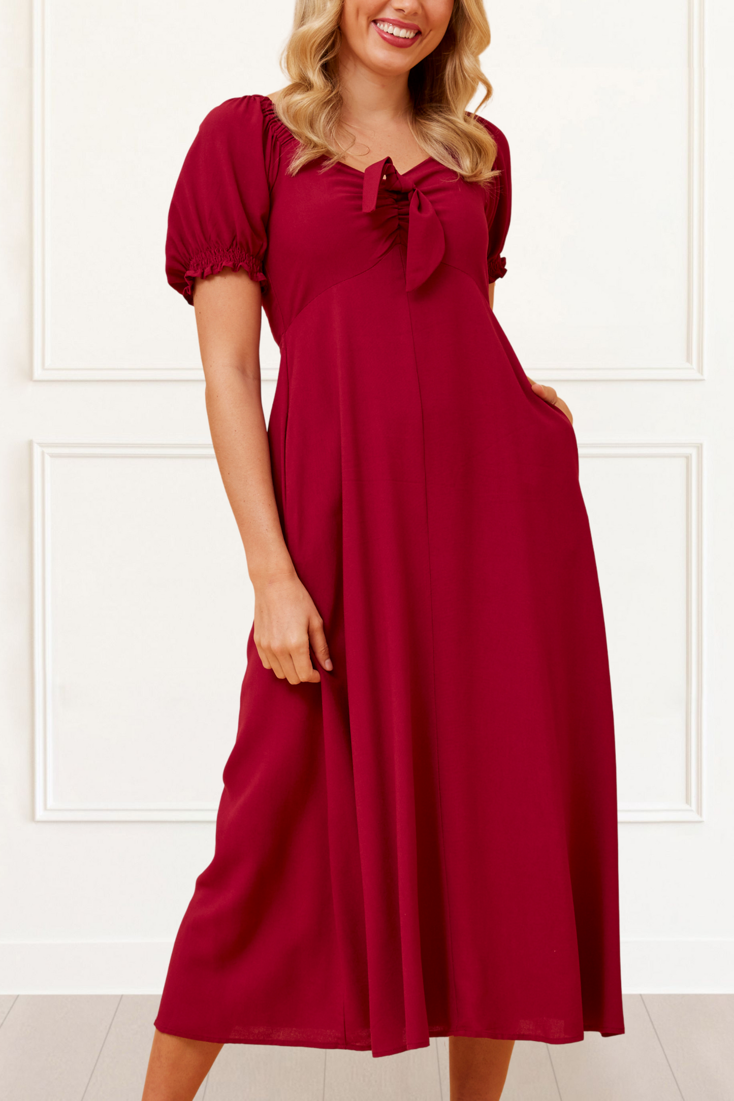 Genevieve Midi Dress Square Neck Fit and Flare Bow Front Retro