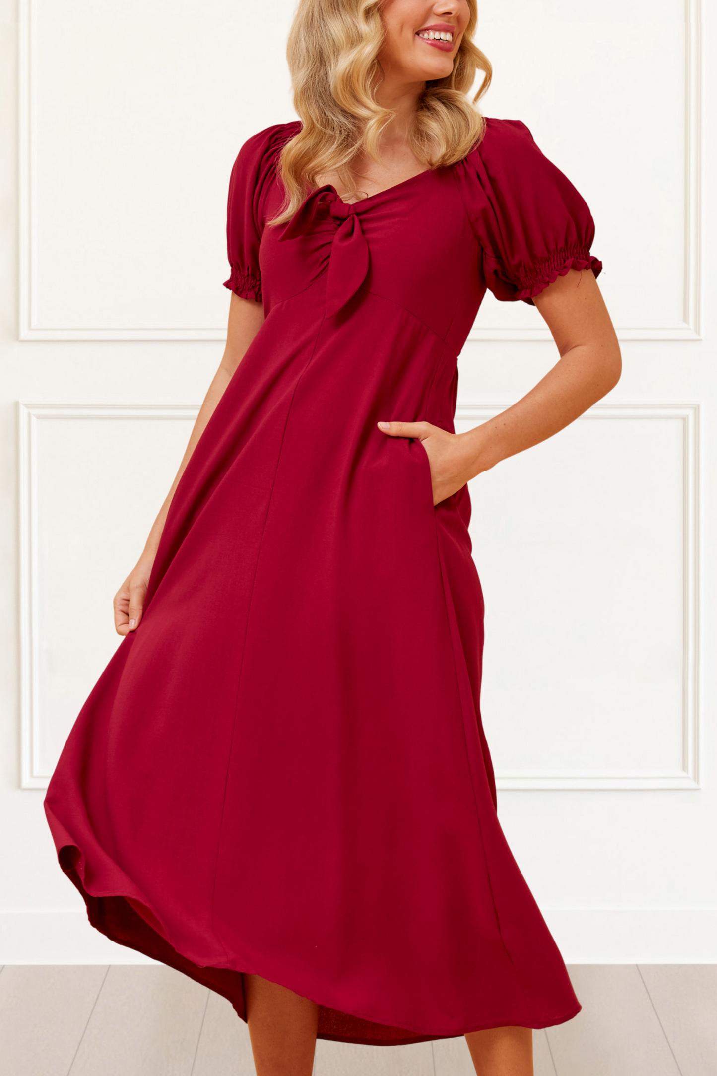 Genevieve Midi Dress Square Neck Fit and Flare Bow Front Retro