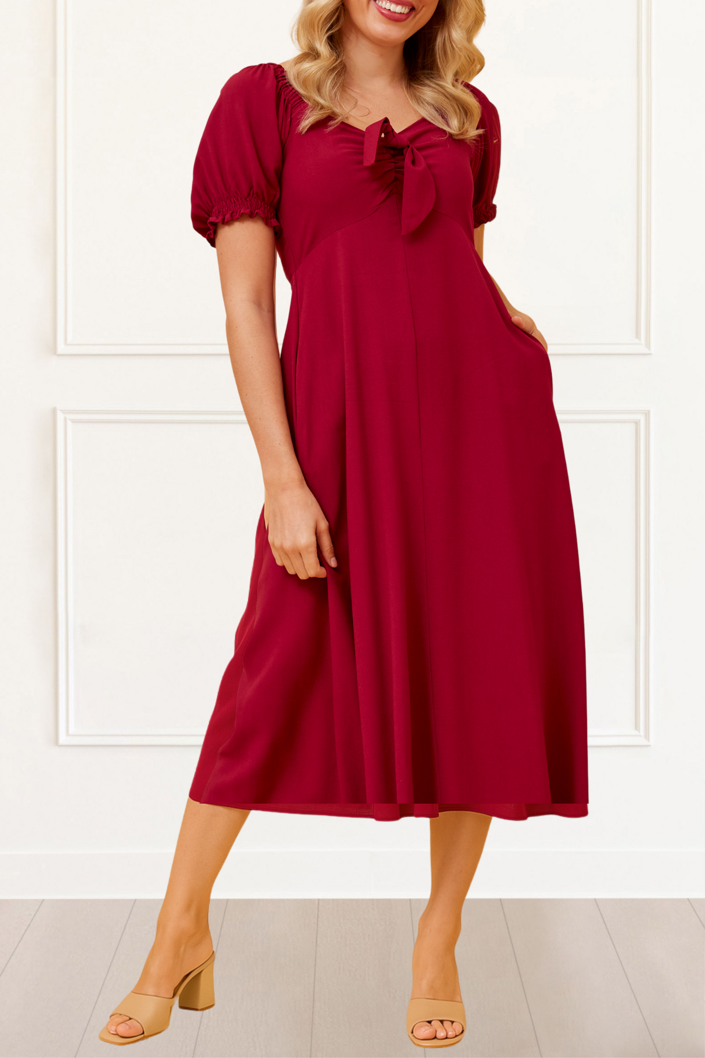 Genevieve Midi Dress Square Neck Fit and Flare Bow Front Retro