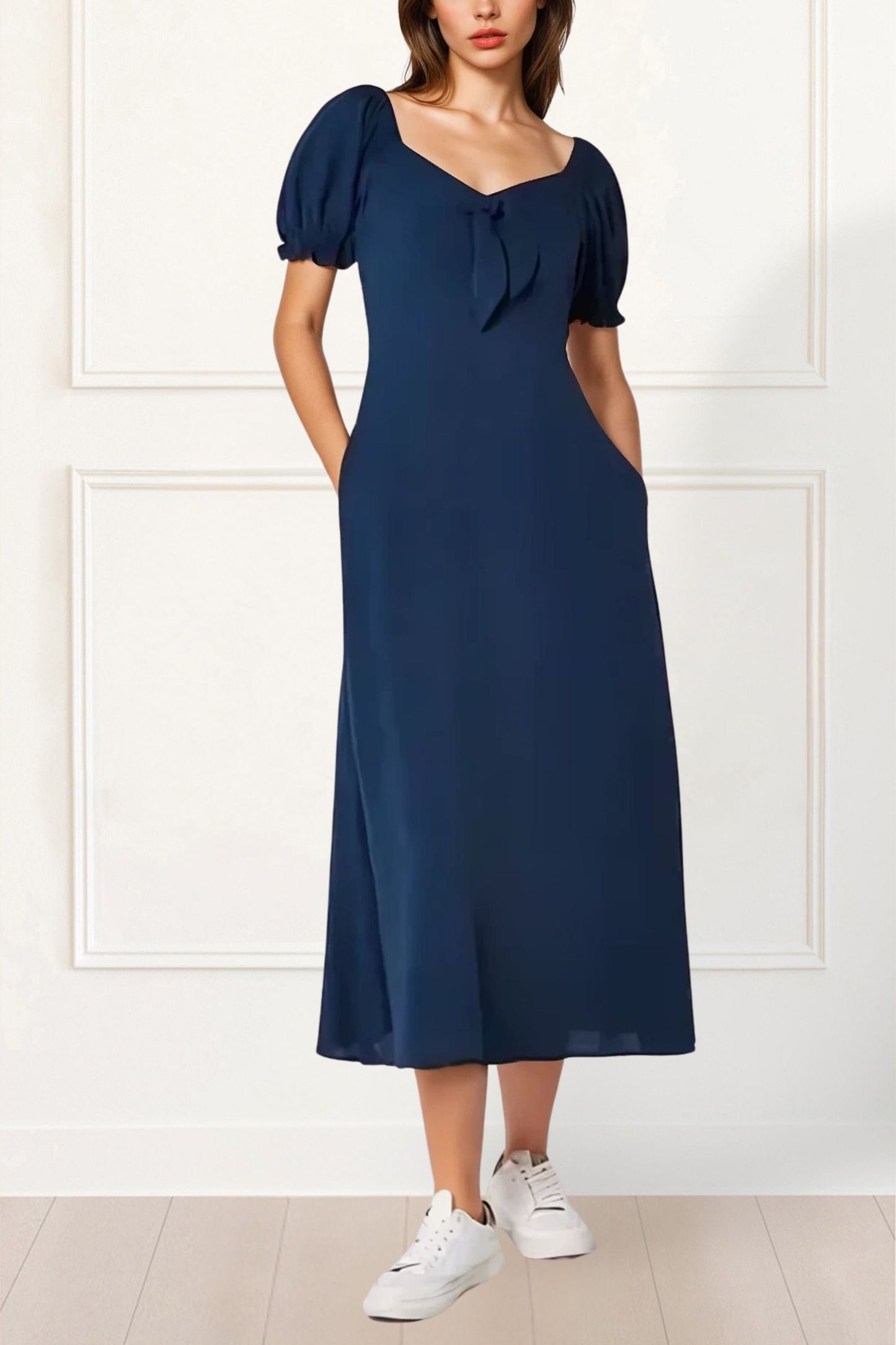 Genevieve Midi Dress Square Neck Fit and Flare Bow Front Retro