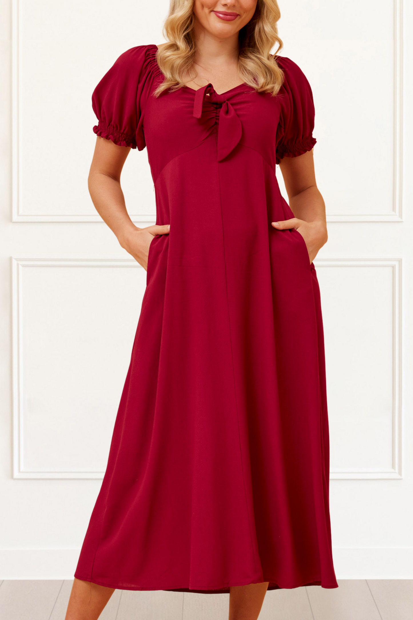 Genevieve Midi Dress Square Neck Fit and Flare Bow Front Retro