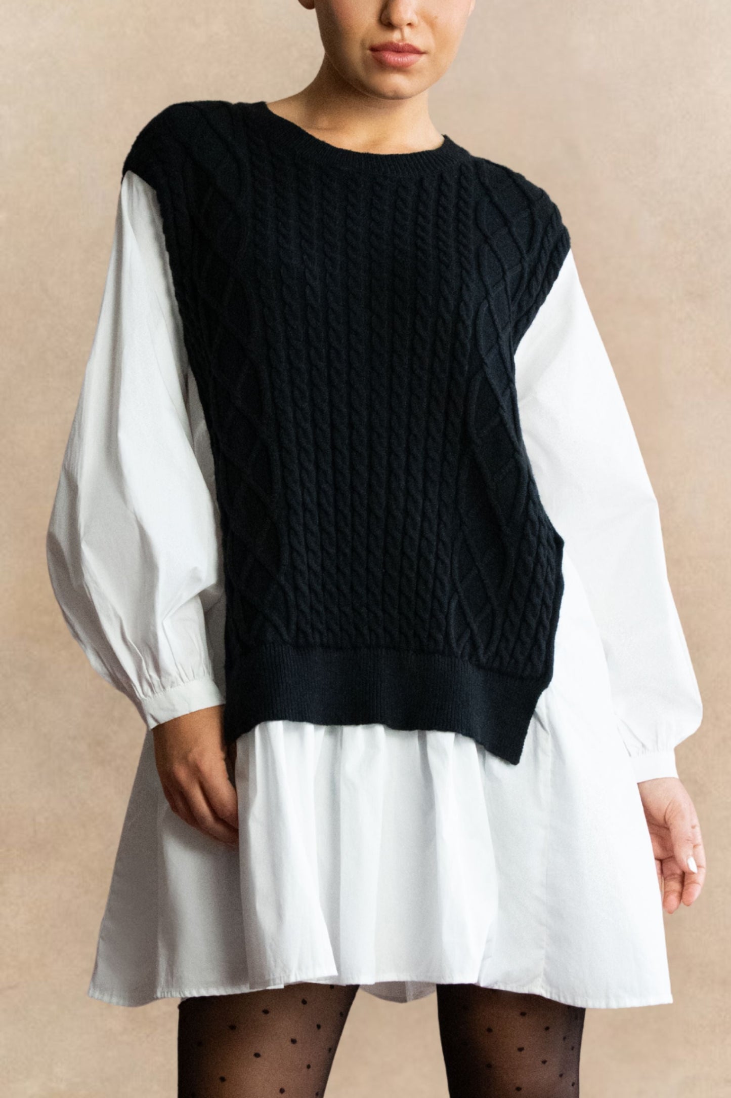 Helga Oversize Faux Layer Tunic Shirt Dress Cable Knit Sweater Trendy